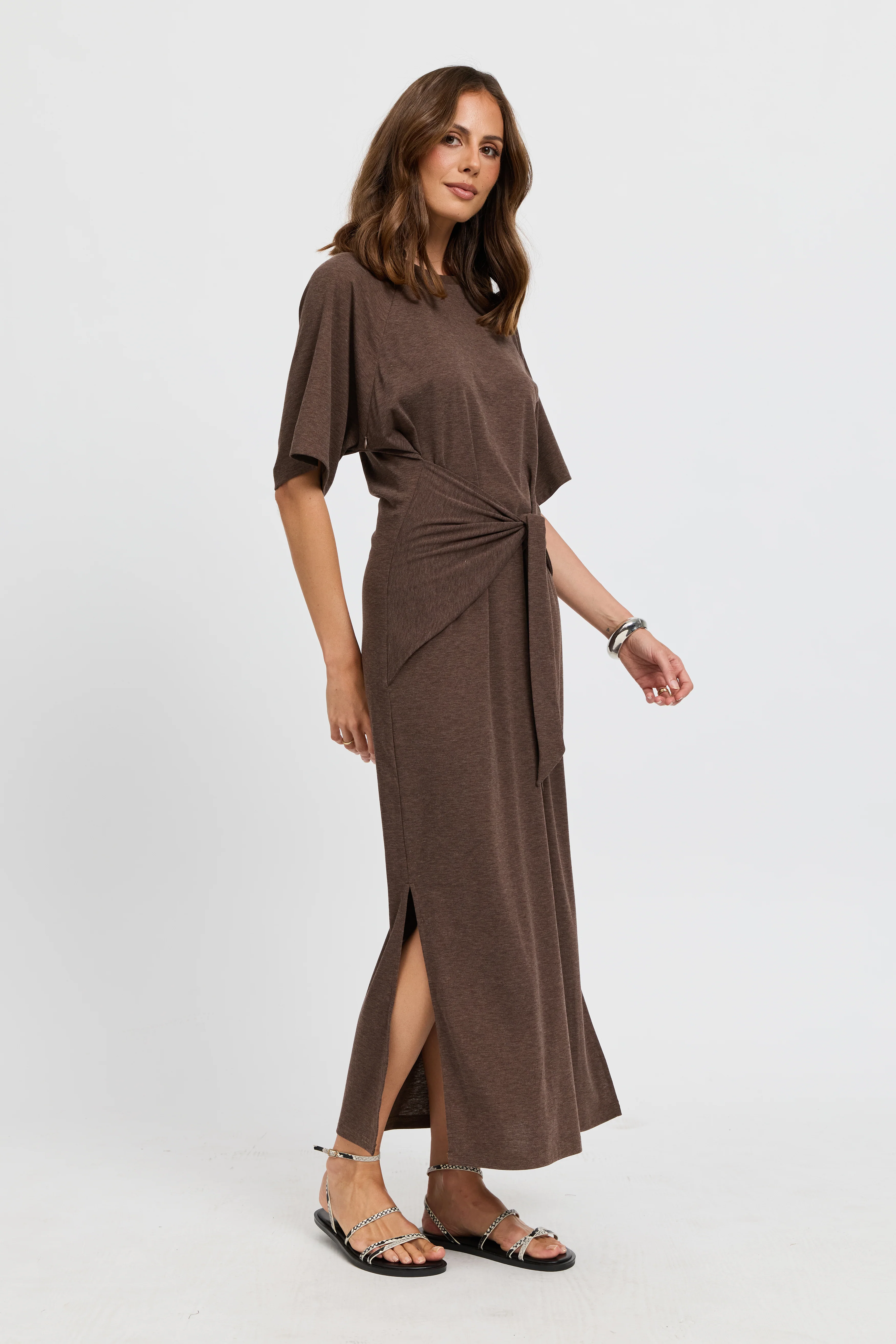 Alia Tie-Detail Box-Cut Tee Dress - Chocolate - Image 8