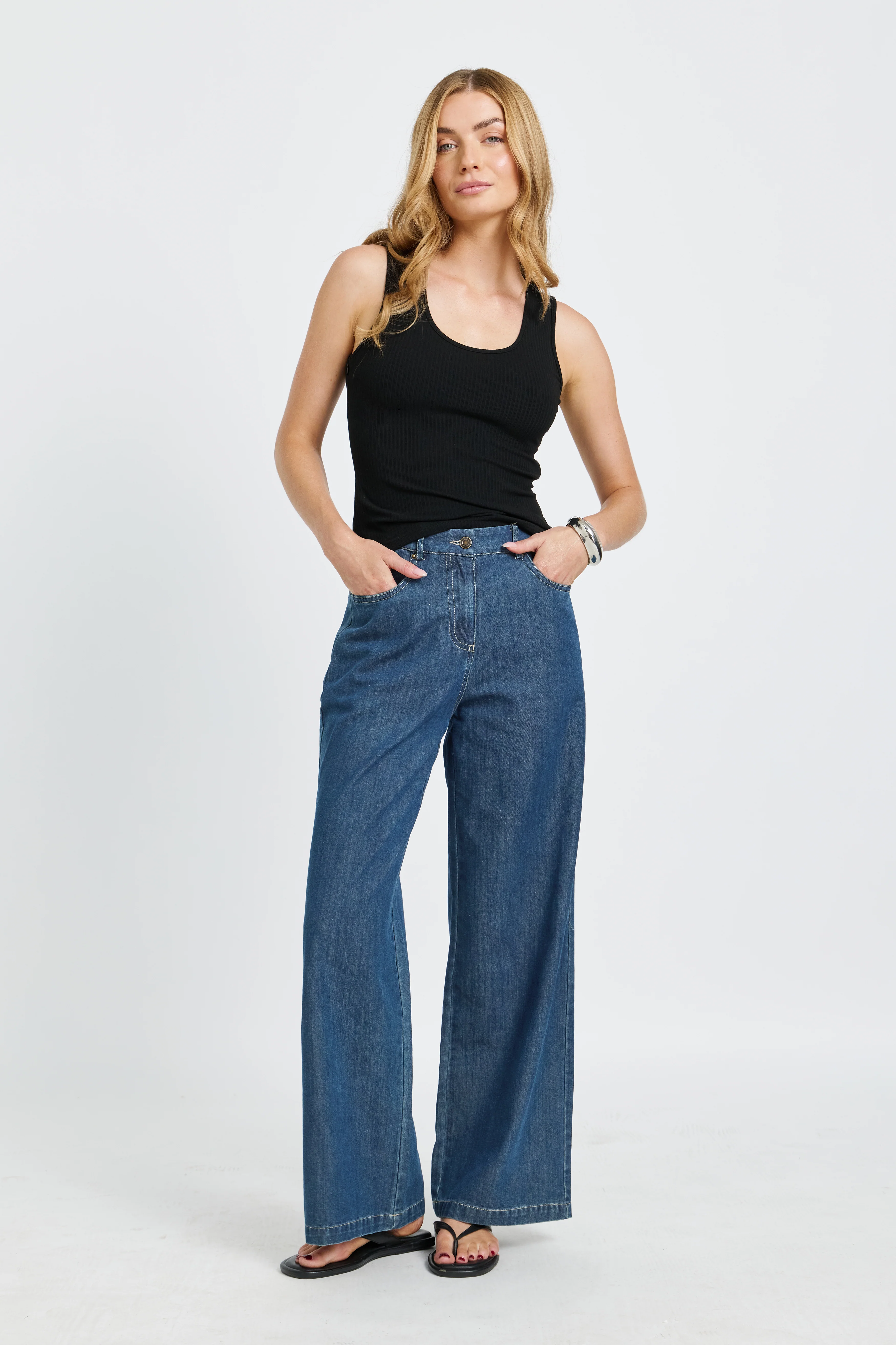 Anderson Adjustable-Waist Wide Leg Jean - Medium Blue - Image 13