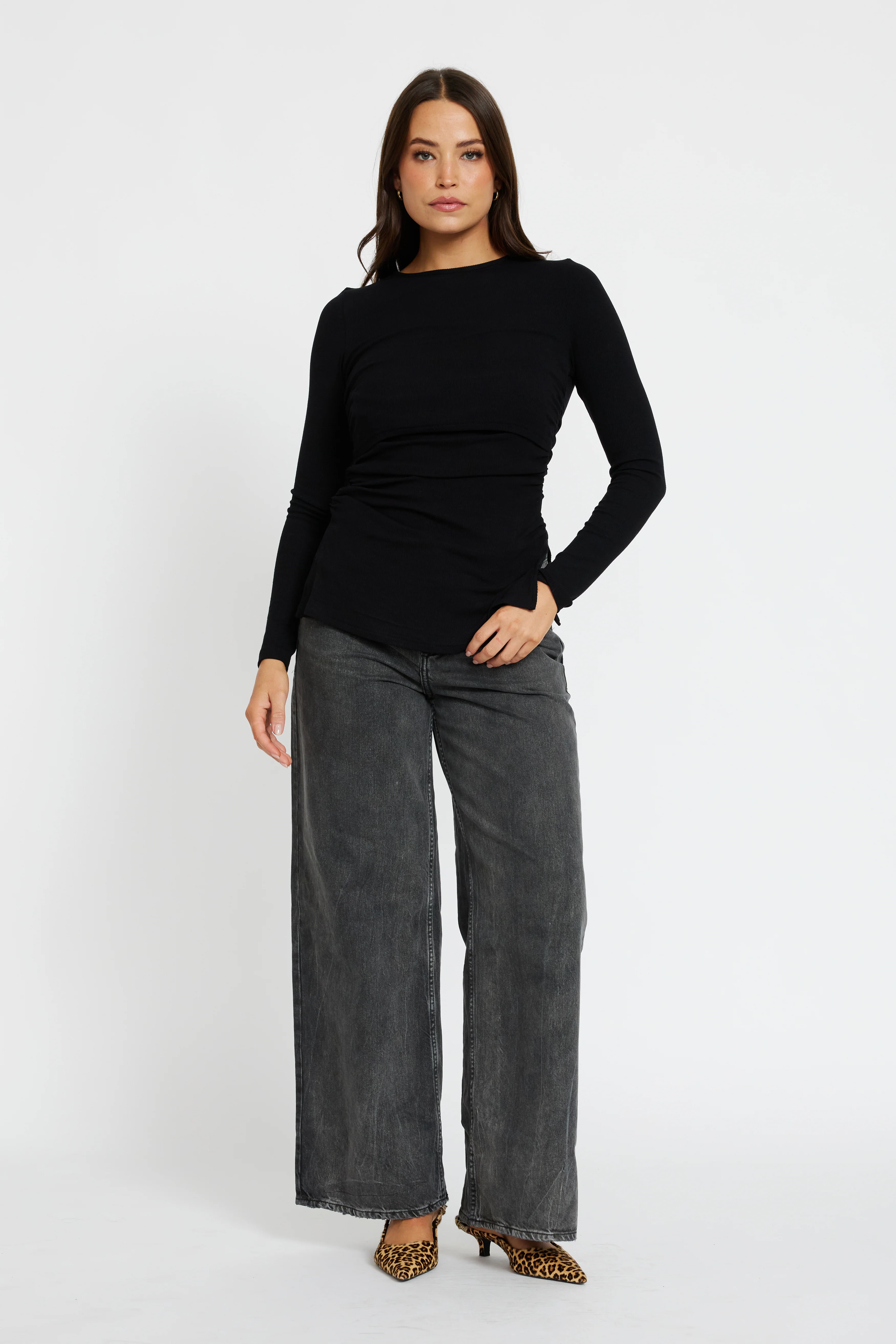 Ari Ribbed Long Sleeve Top - Black - Image 5
