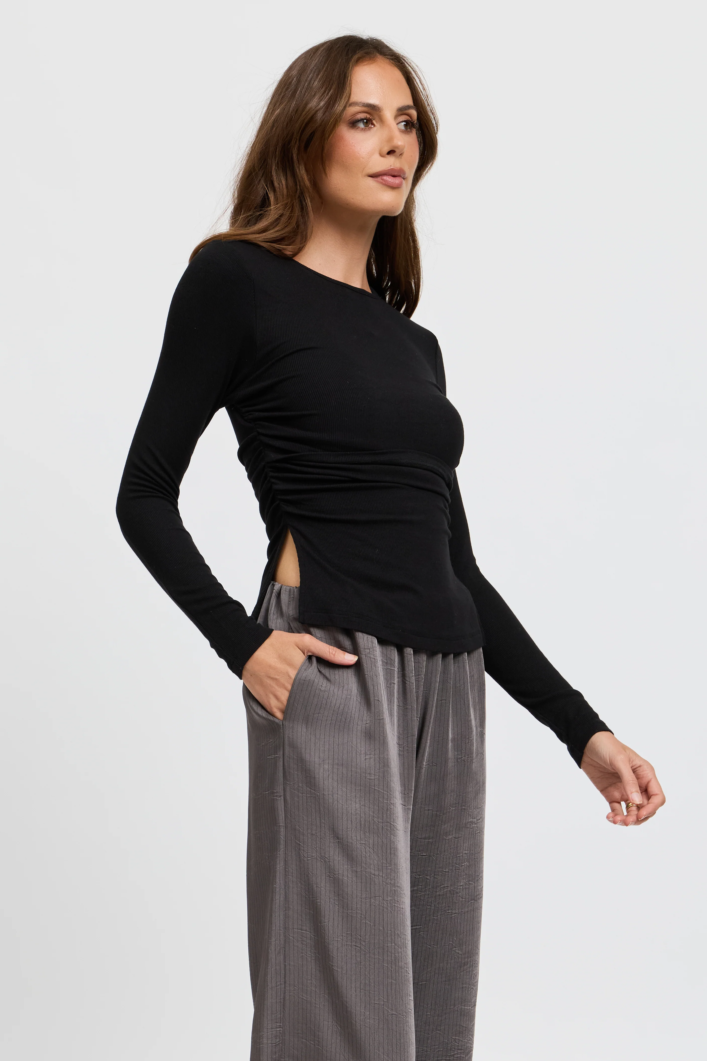 Ari Ribbed Long Sleeve Top - Black - Image 9