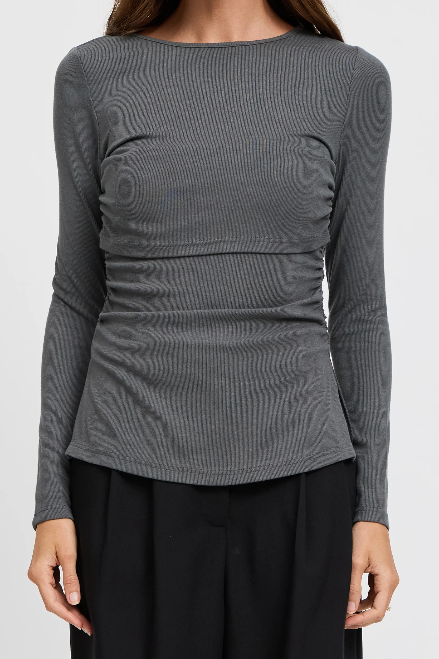 Ari Ribbed Long Sleeve Top - Charcoal - Image 3