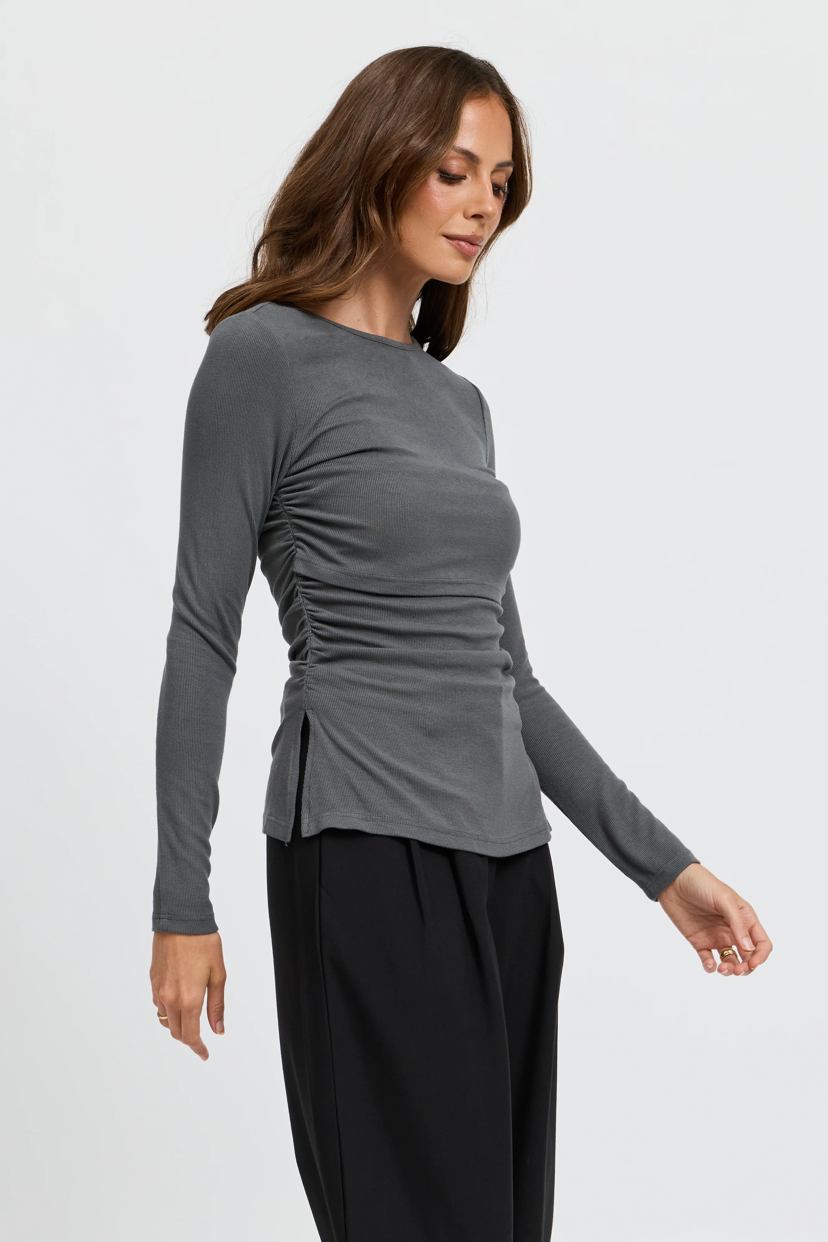 Ari Ribbed Long Sleeve Top - Charcoal - Image 4