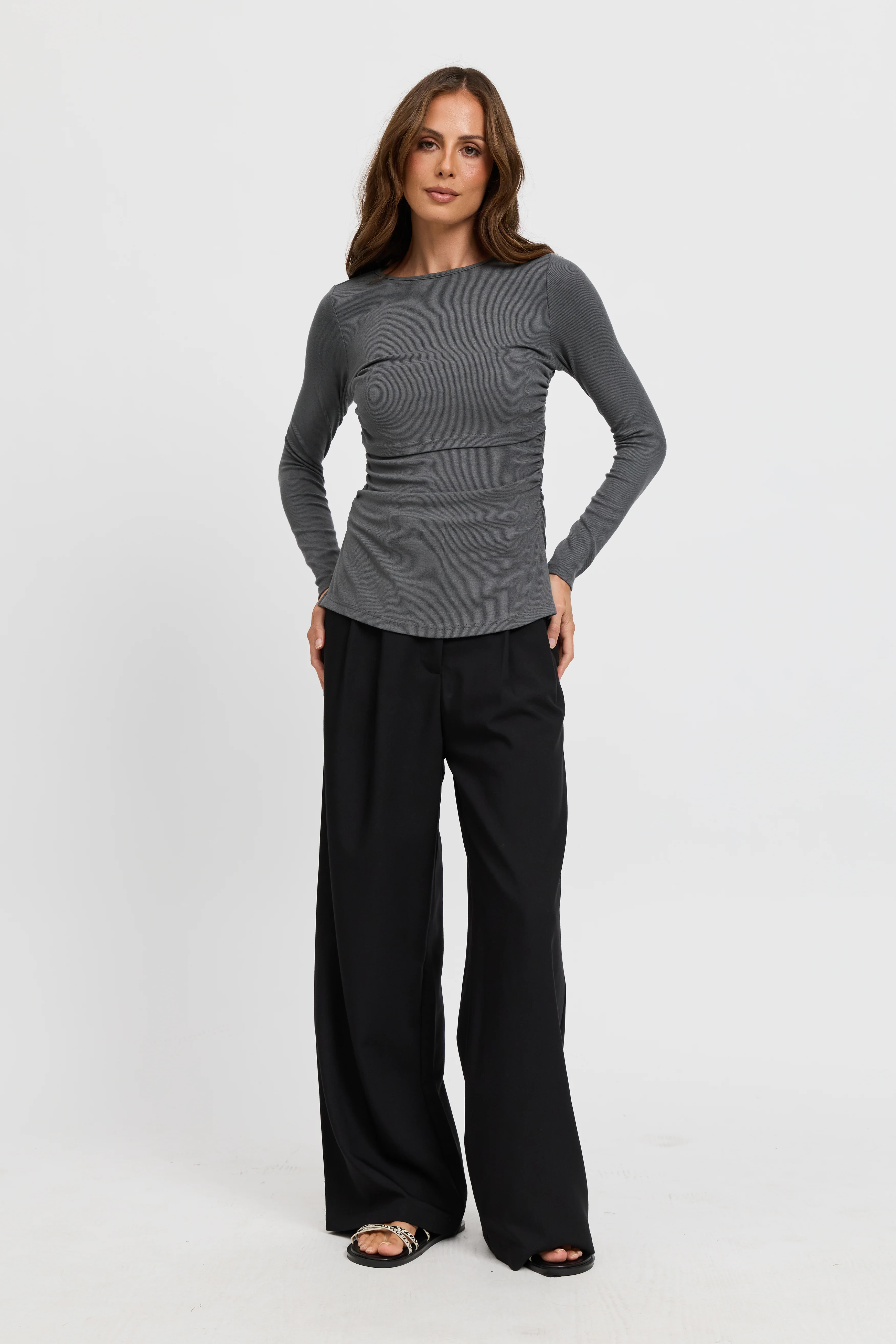 Ari Ribbed Long Sleeve Top - Charcoal - Image 6