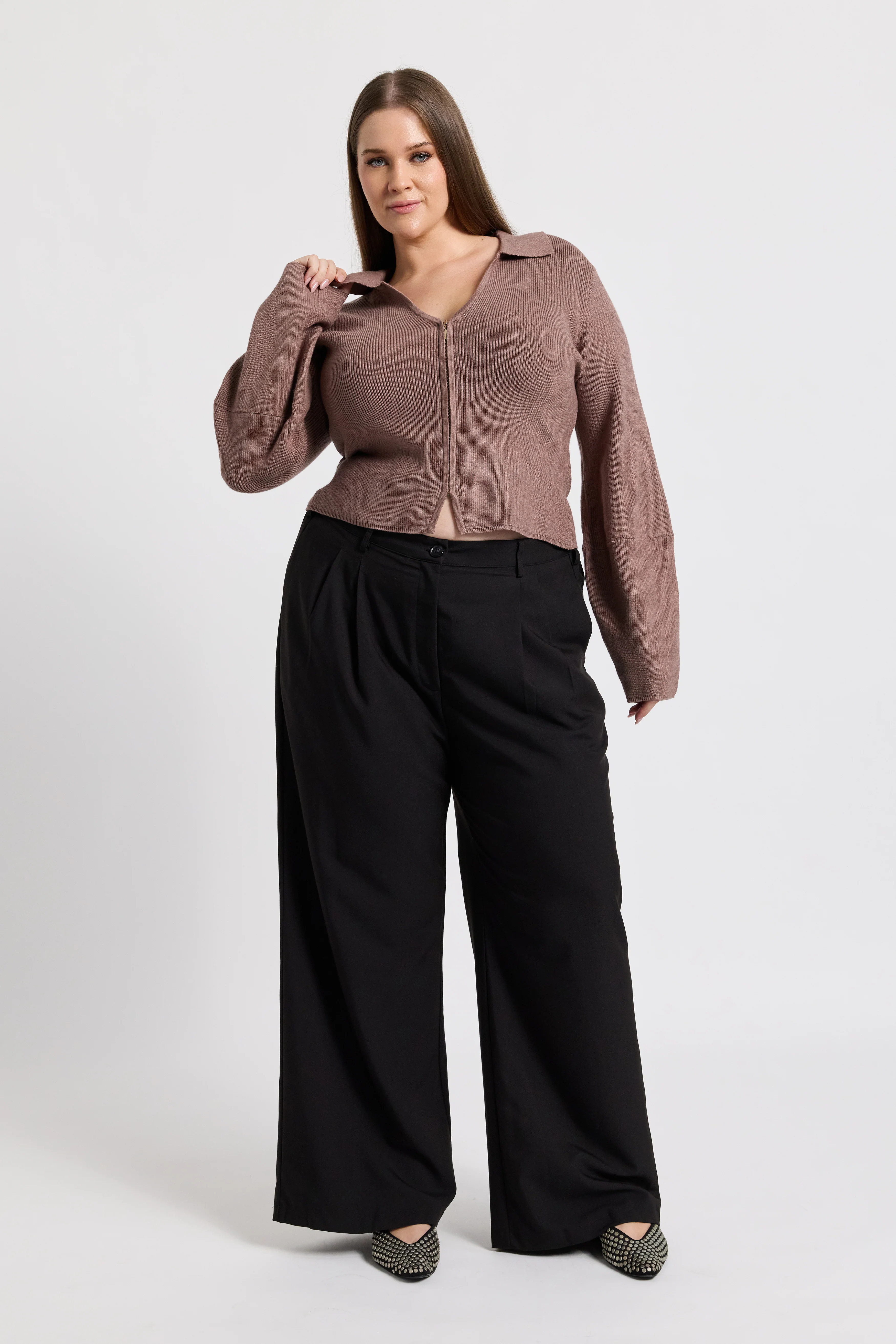 Astra Zip-Front Knit Top - Taupe - Image 3