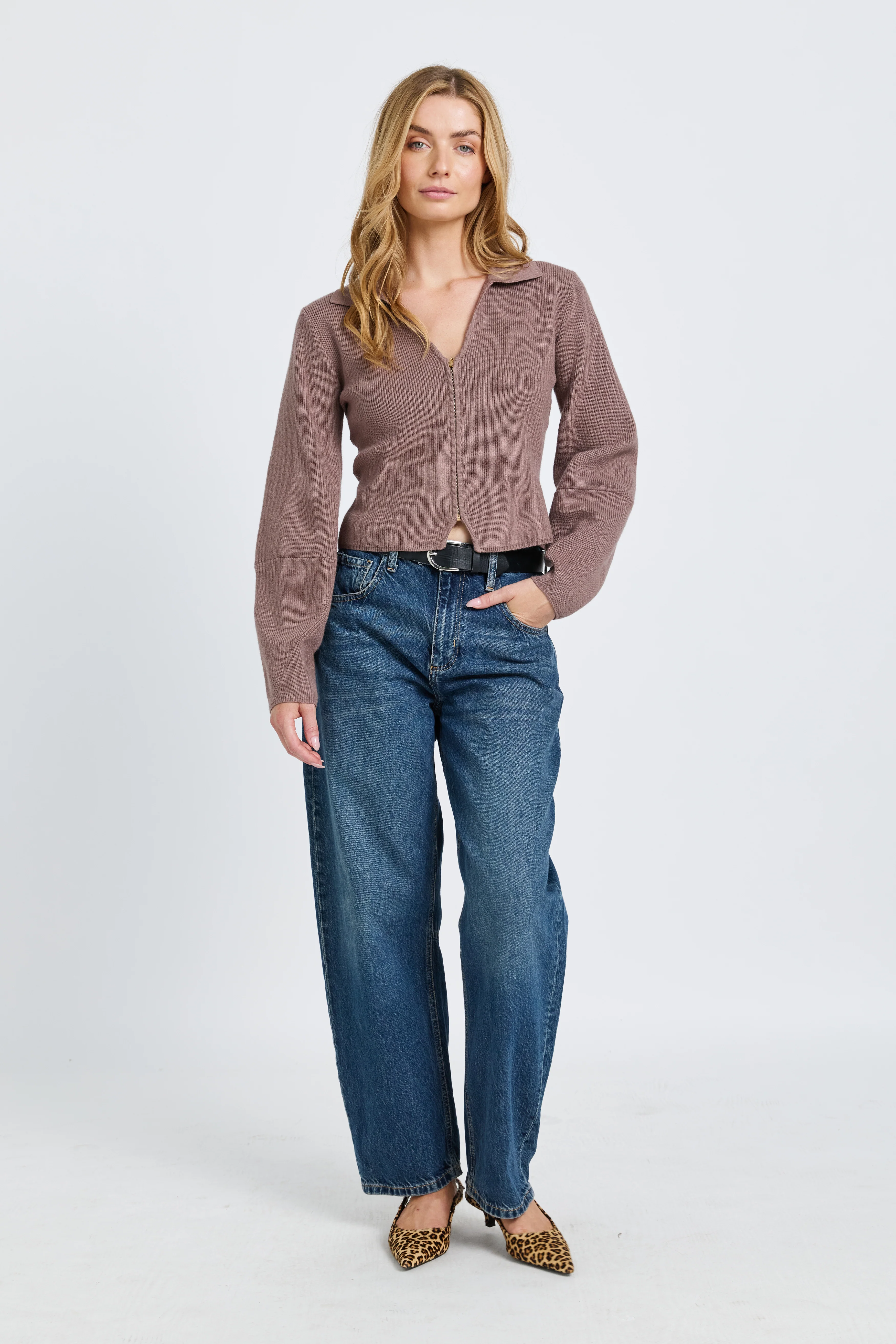 Astra Zip-Front Knit Top - Taupe - Image 6