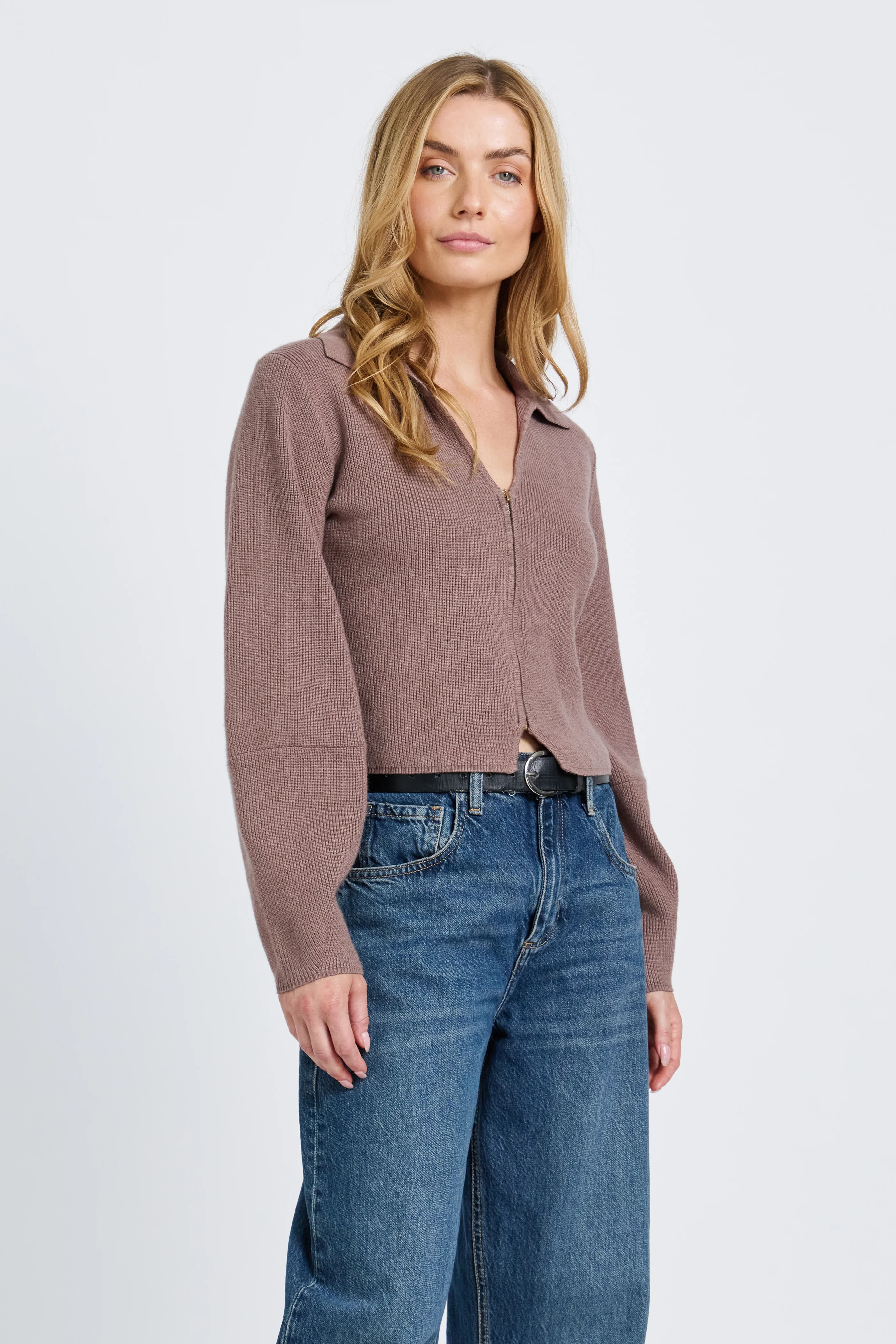Astra Zip-Front Knit Top - Taupe - Image 8