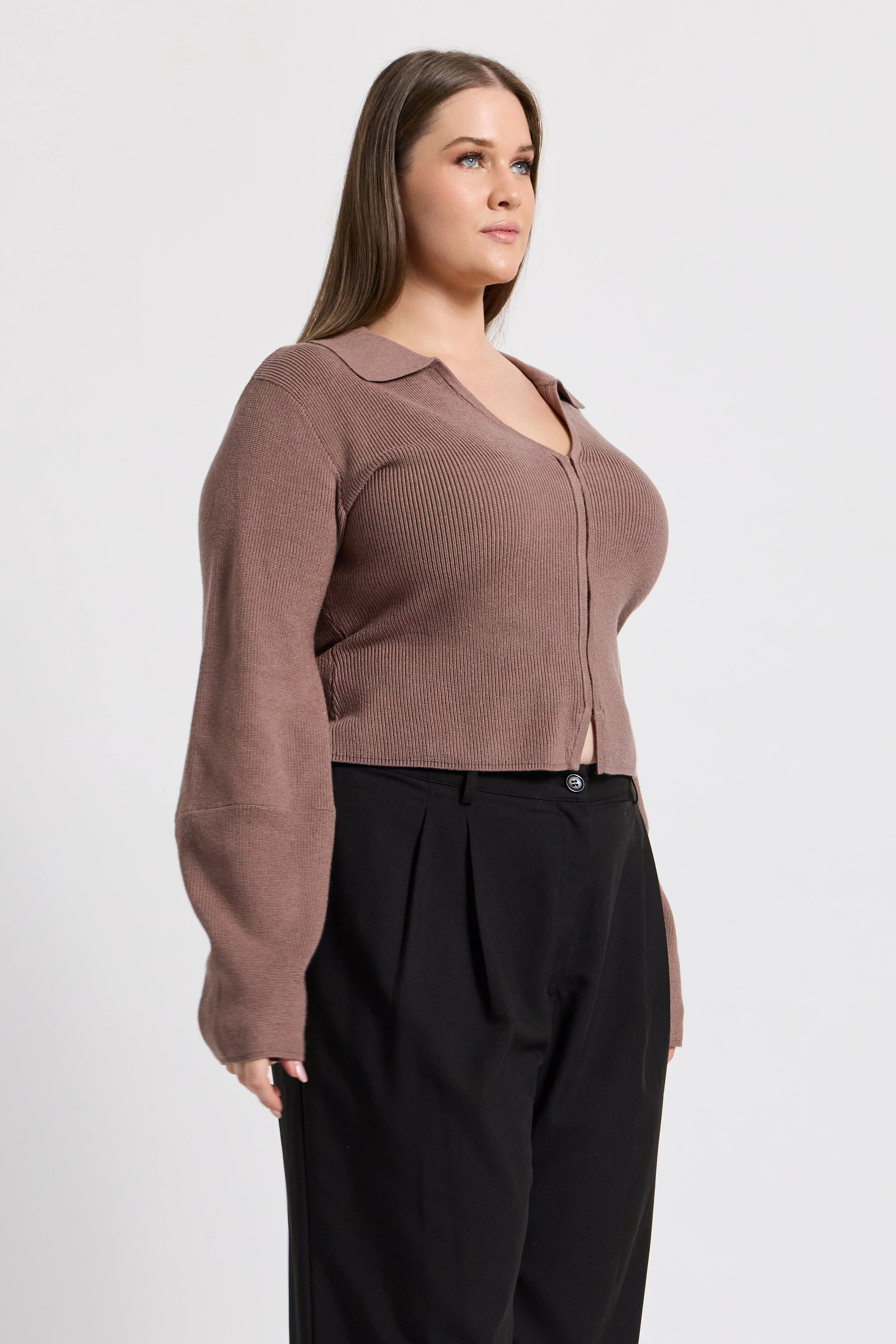 Astra Zip-Front Knit Top - Taupe - Image 9