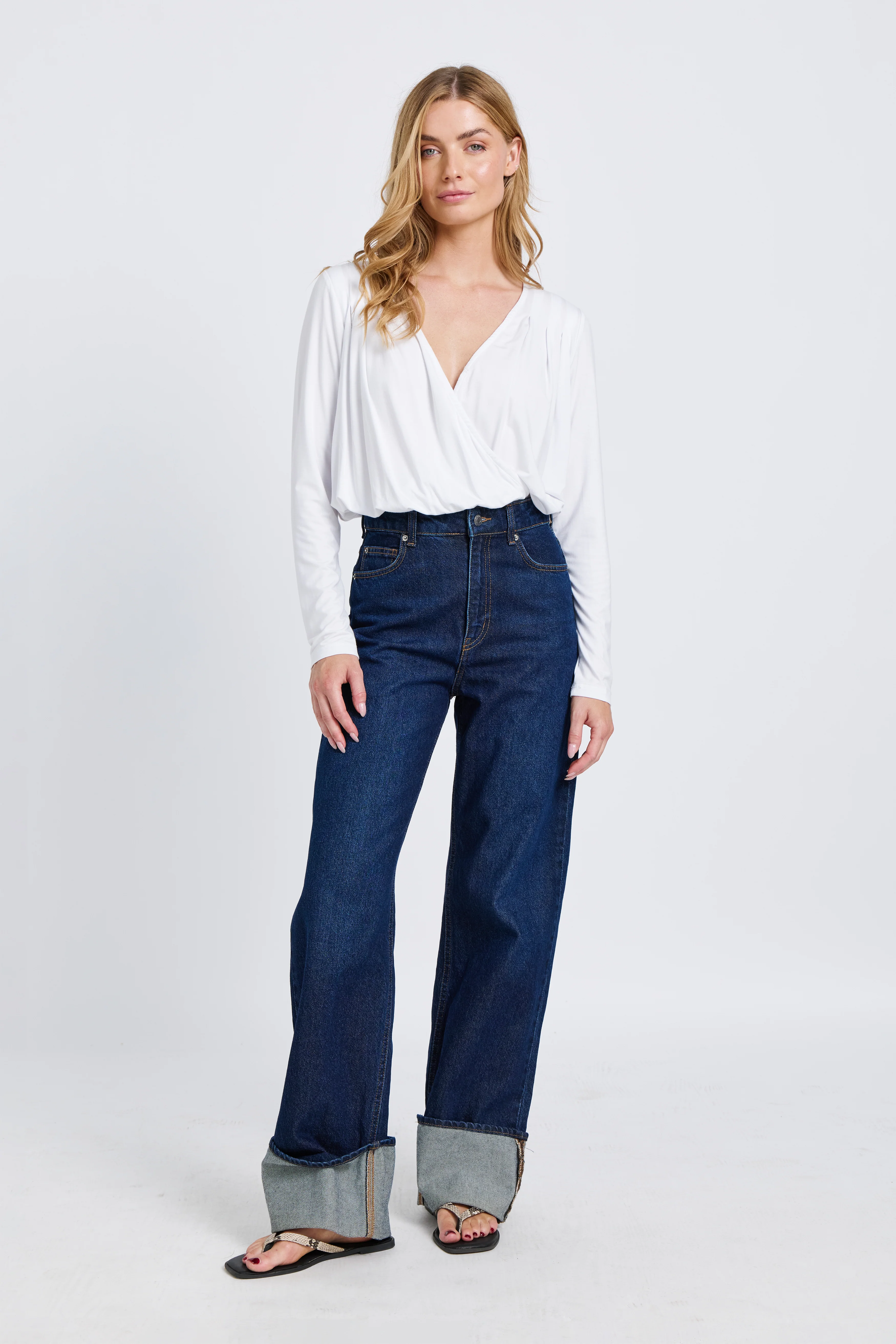 Augie Jersey Wrap Long Sleeve Top - White