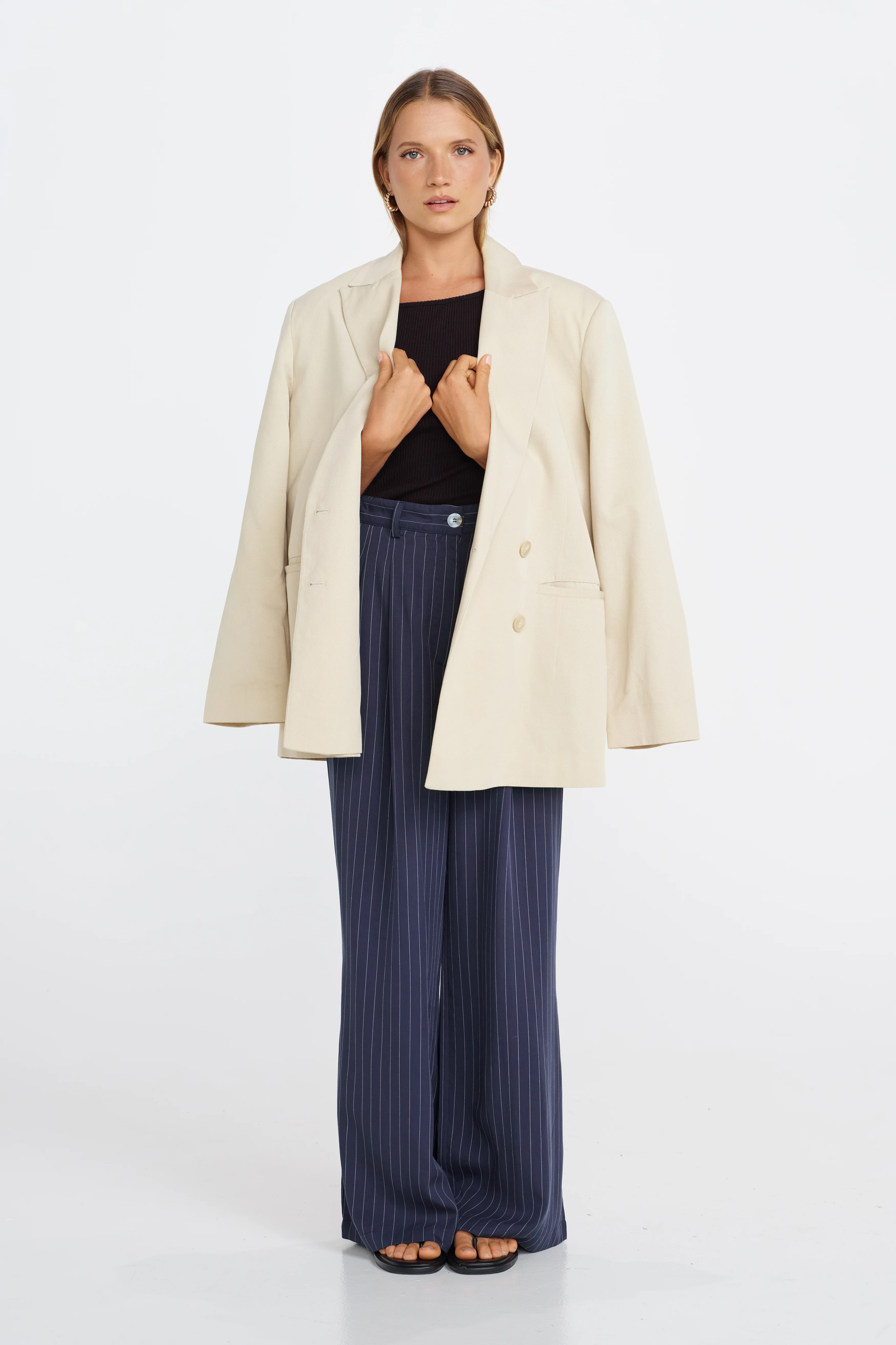 Bambi Pinstripe Adjustable Wide Leg Pant  - Navy / White - Image 11