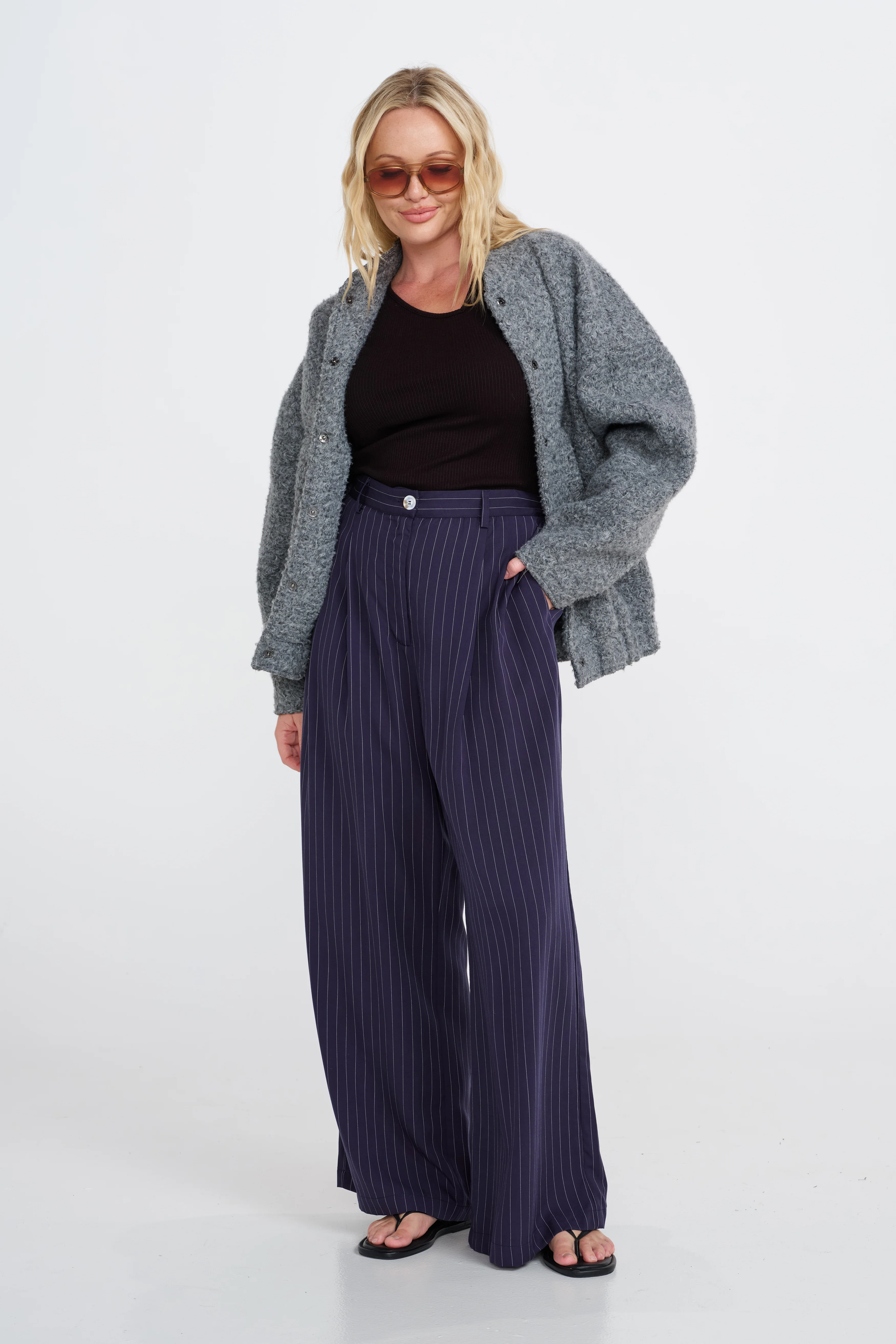 Bambi Pinstripe Adjustable Wide Leg Pant  - Navy / White - Image 12