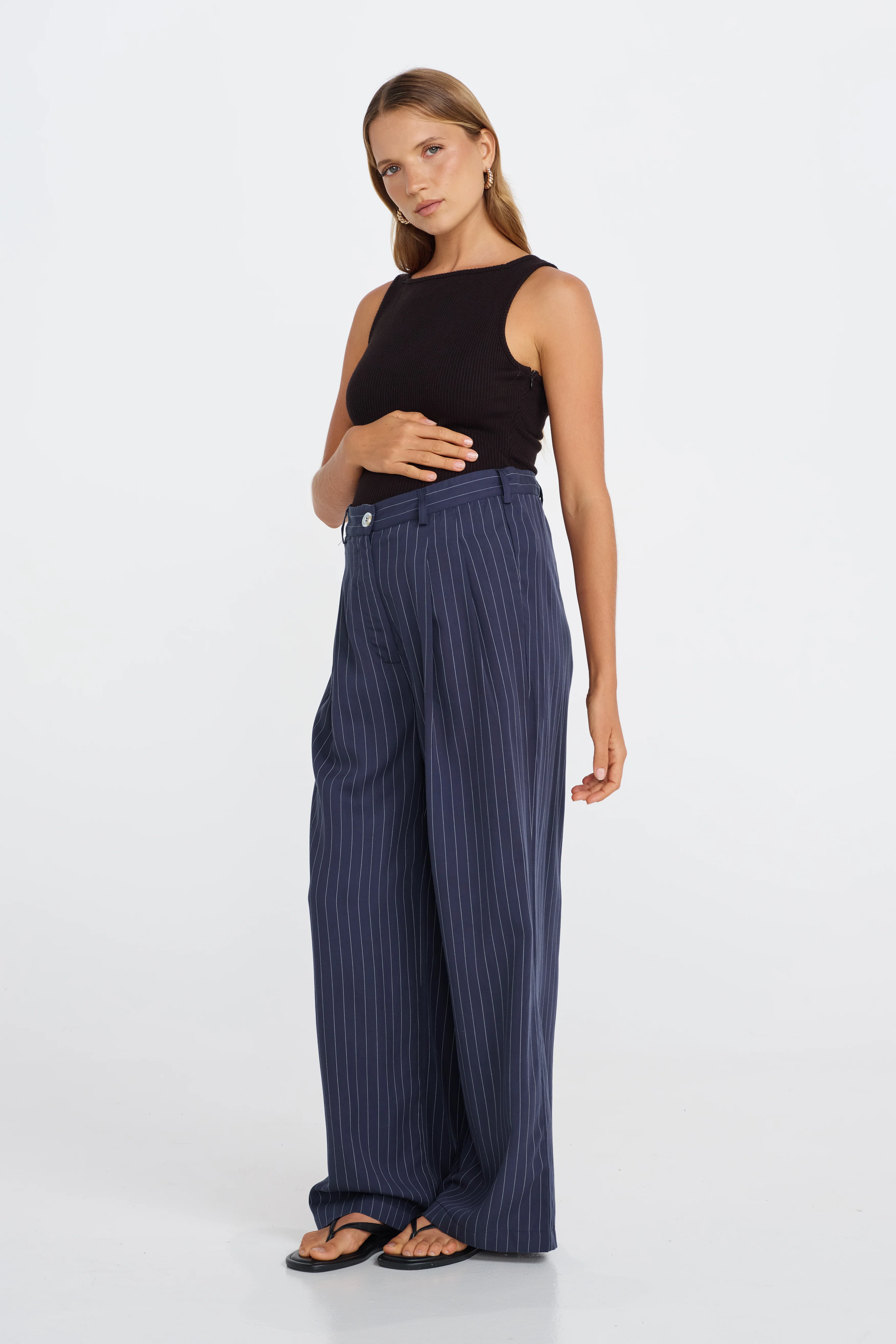 Bambi Pinstripe Adjustable Wide Leg Pant  - Navy / White - Image 3