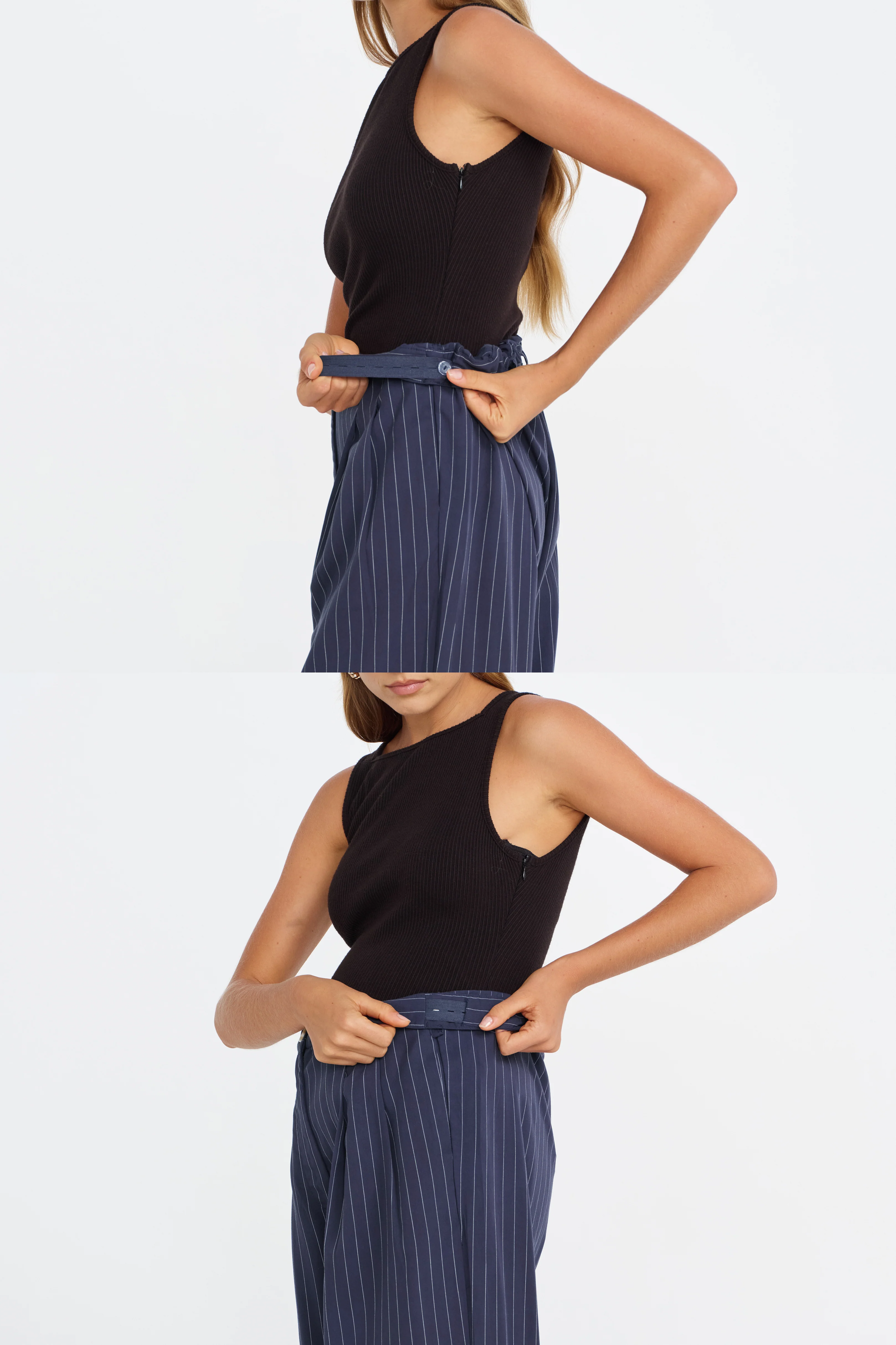 Bambi Pinstripe Adjustable Wide Leg Pant  - Navy / White - Image 4