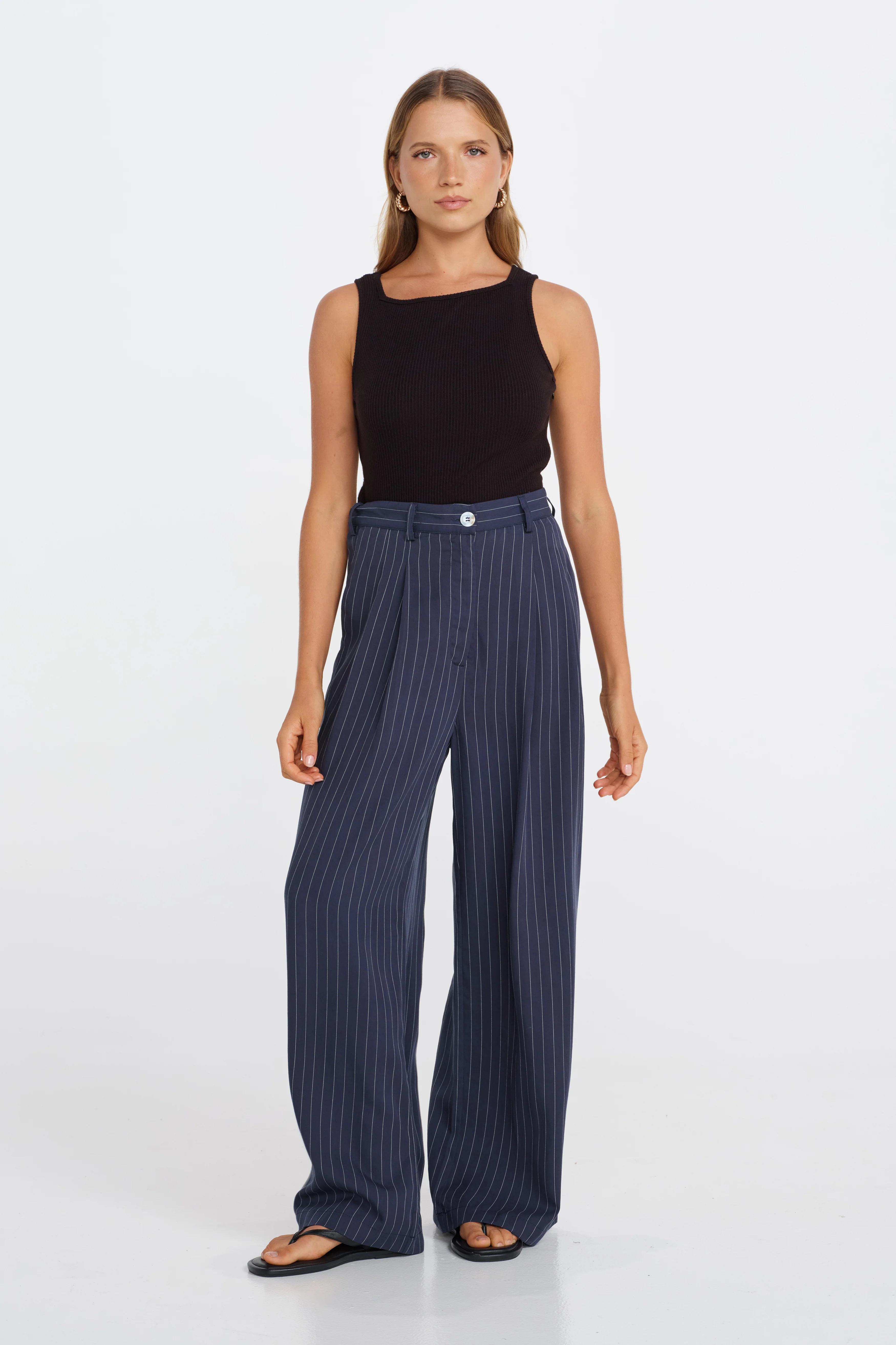 Bambi Pinstripe Adjustable Wide Leg Pant  - Navy / White - Image 5