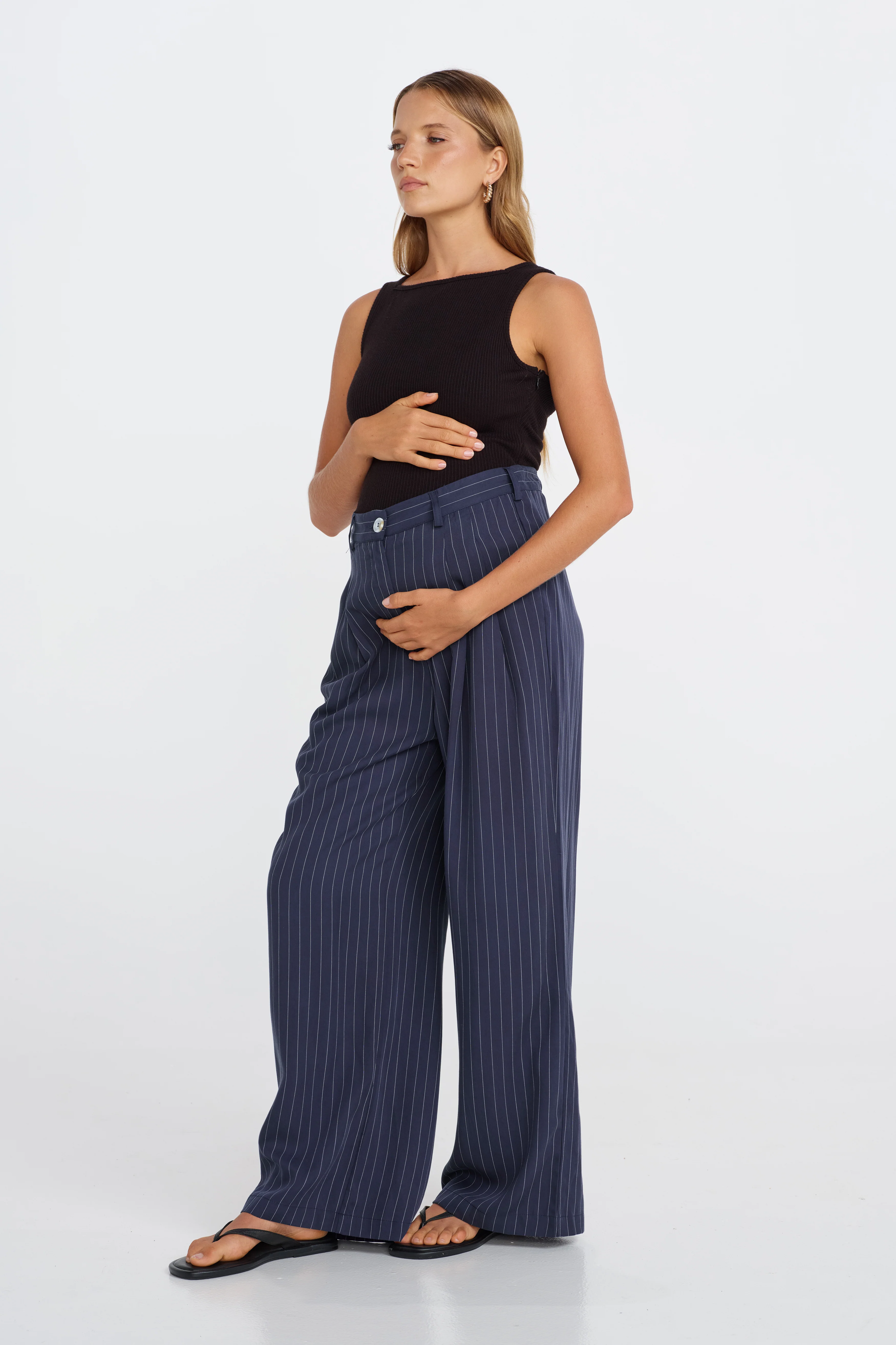Bambi Pinstripe Adjustable Wide Leg Pant  - Navy / White - Image 6