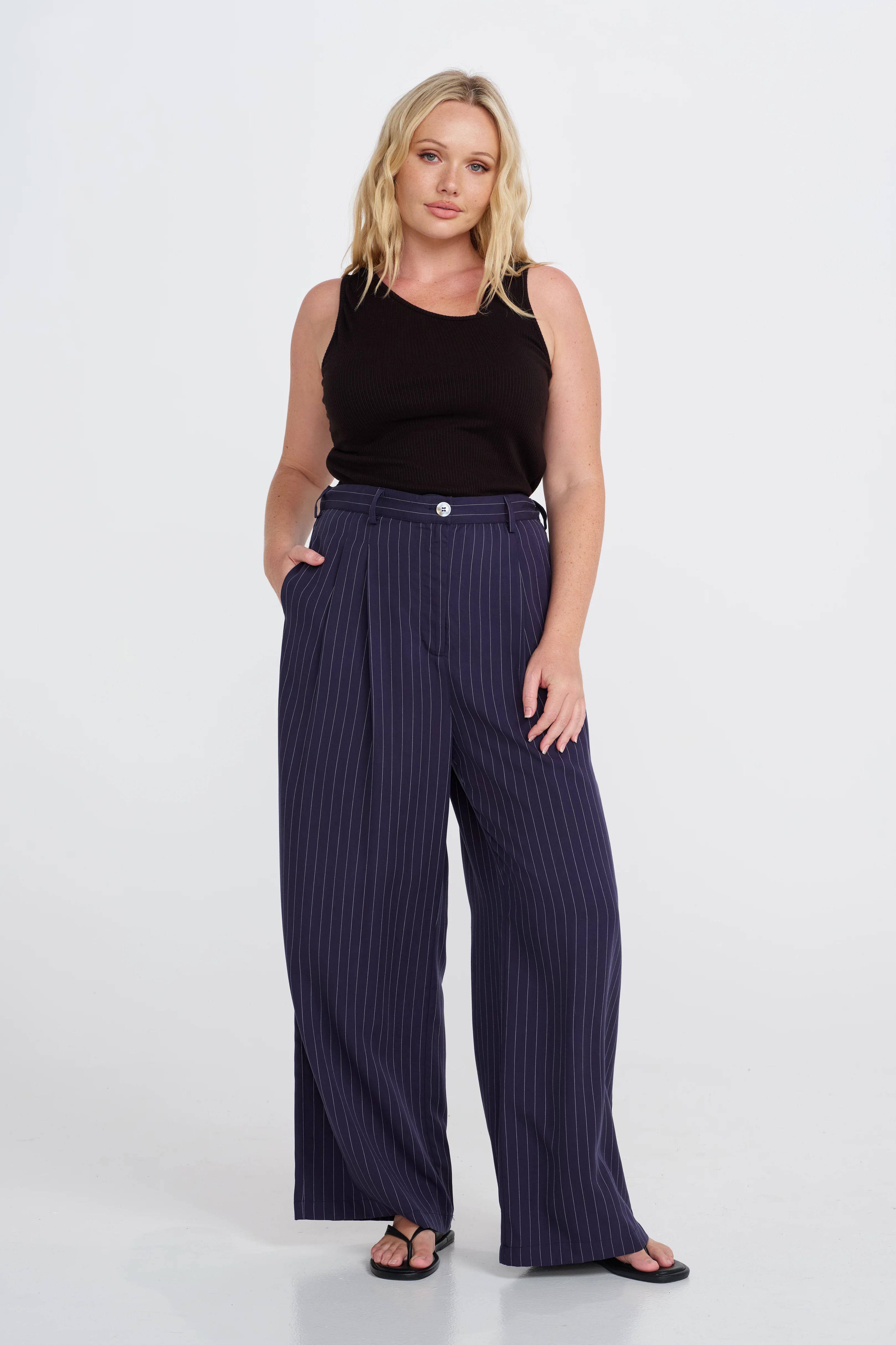 Bambi Pinstripe Adjustable Wide Leg Pant  - Navy / White - Image 7