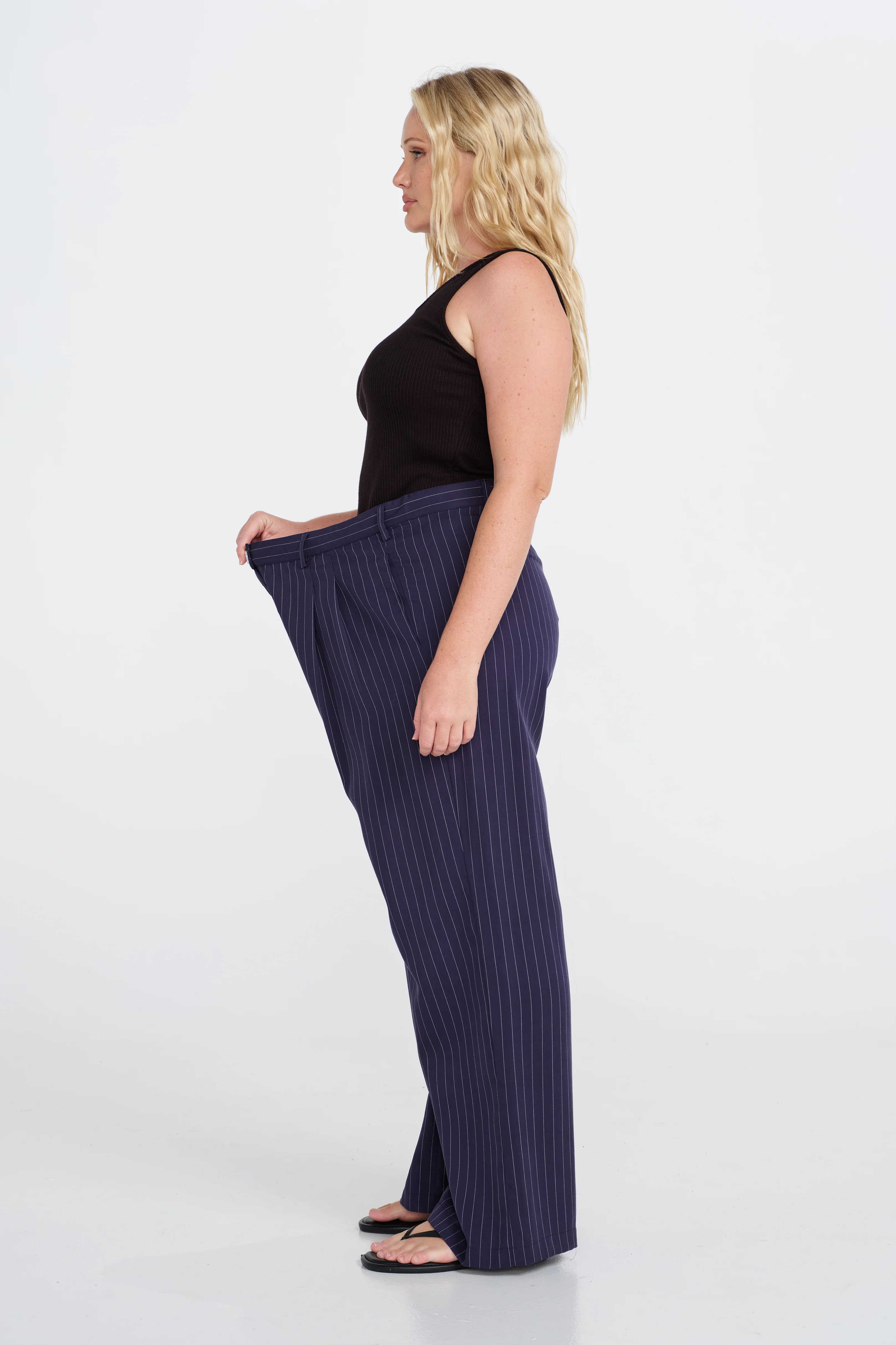 Bambi Pinstripe Adjustable Wide Leg Pant  - Navy / White - Image 8