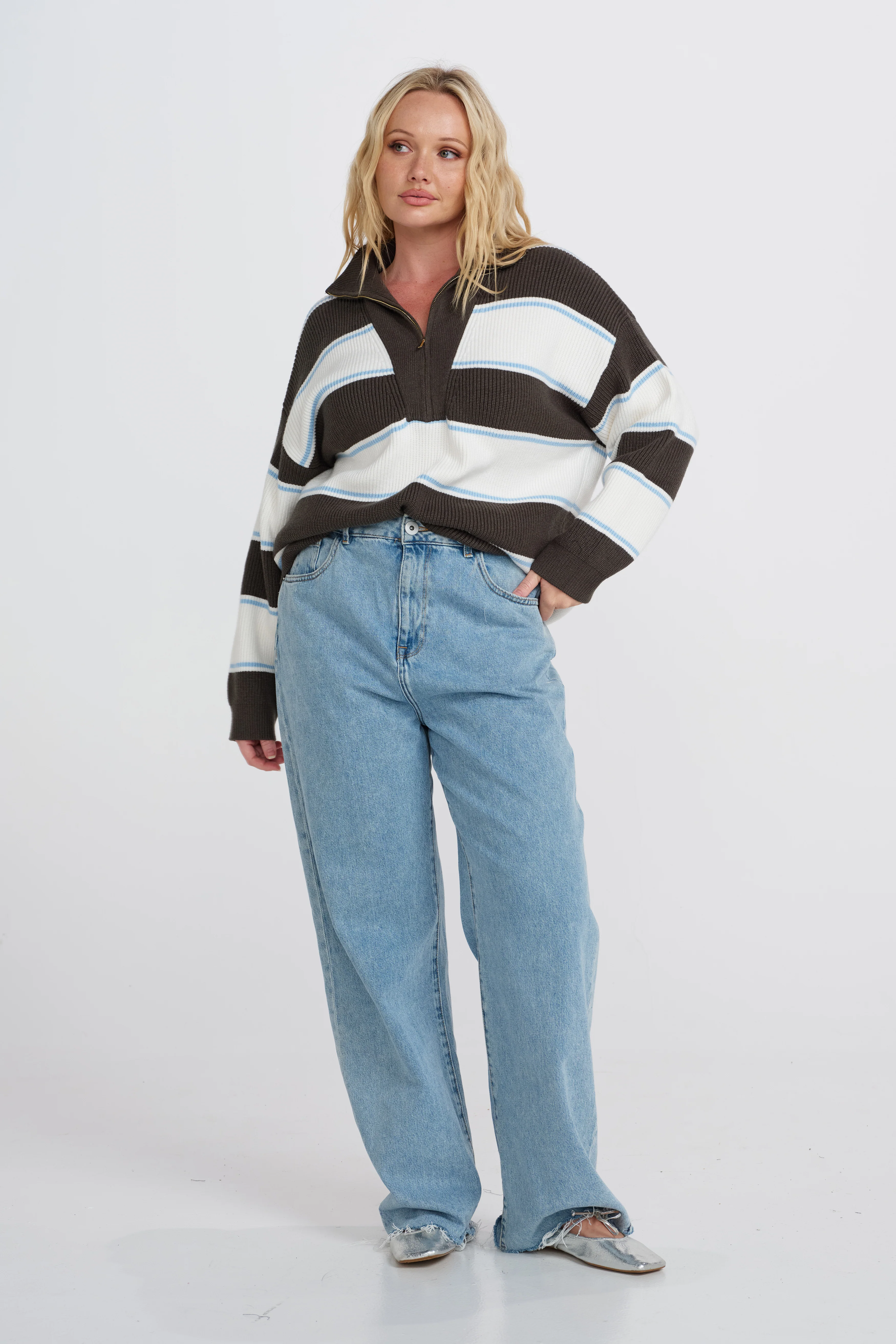 Beatrix Zip Knit Jumper - Green / White / Blue - Image 4
