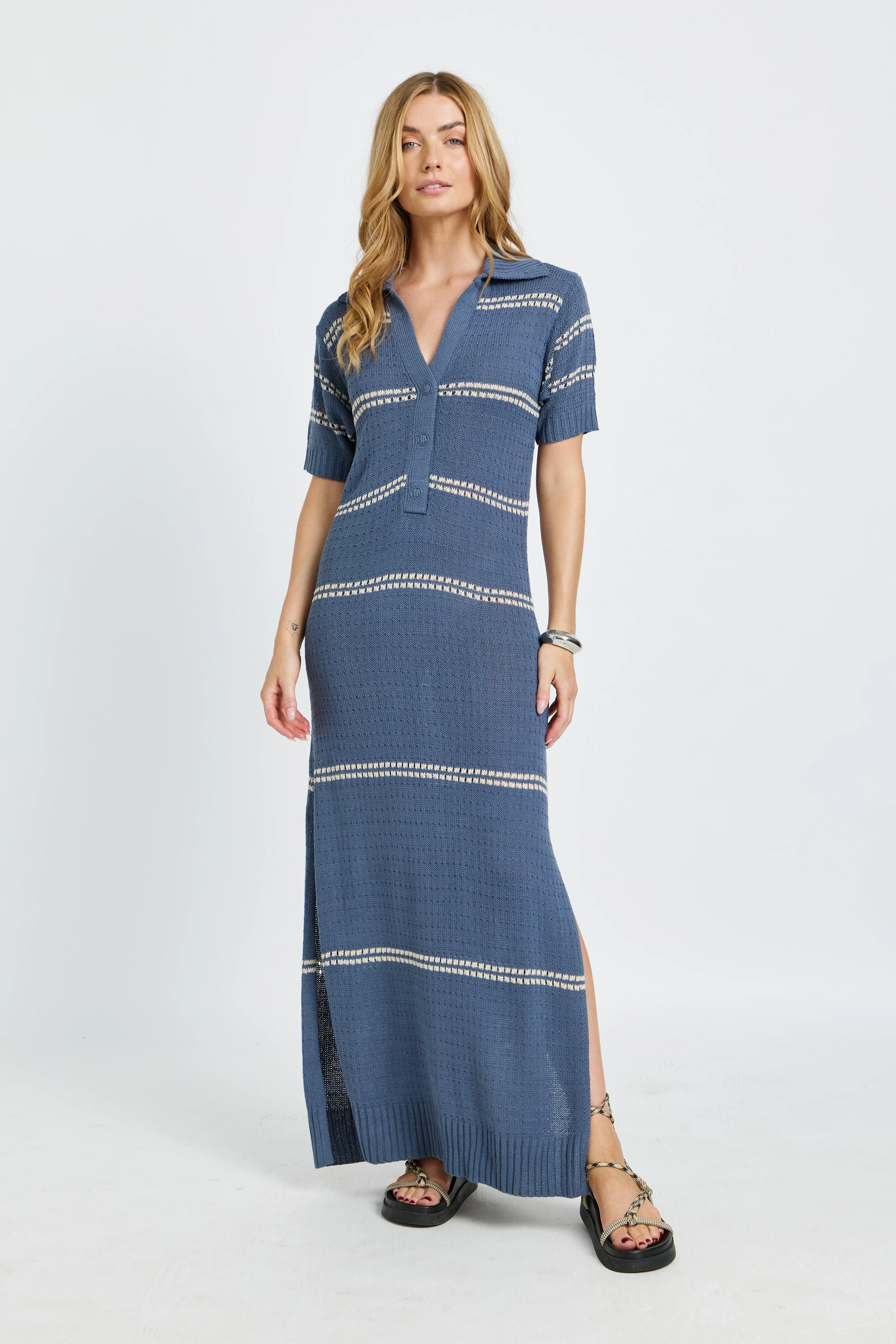 Bora Bora Knit Maxi Dress - Steel Blue / Cream - Image 7