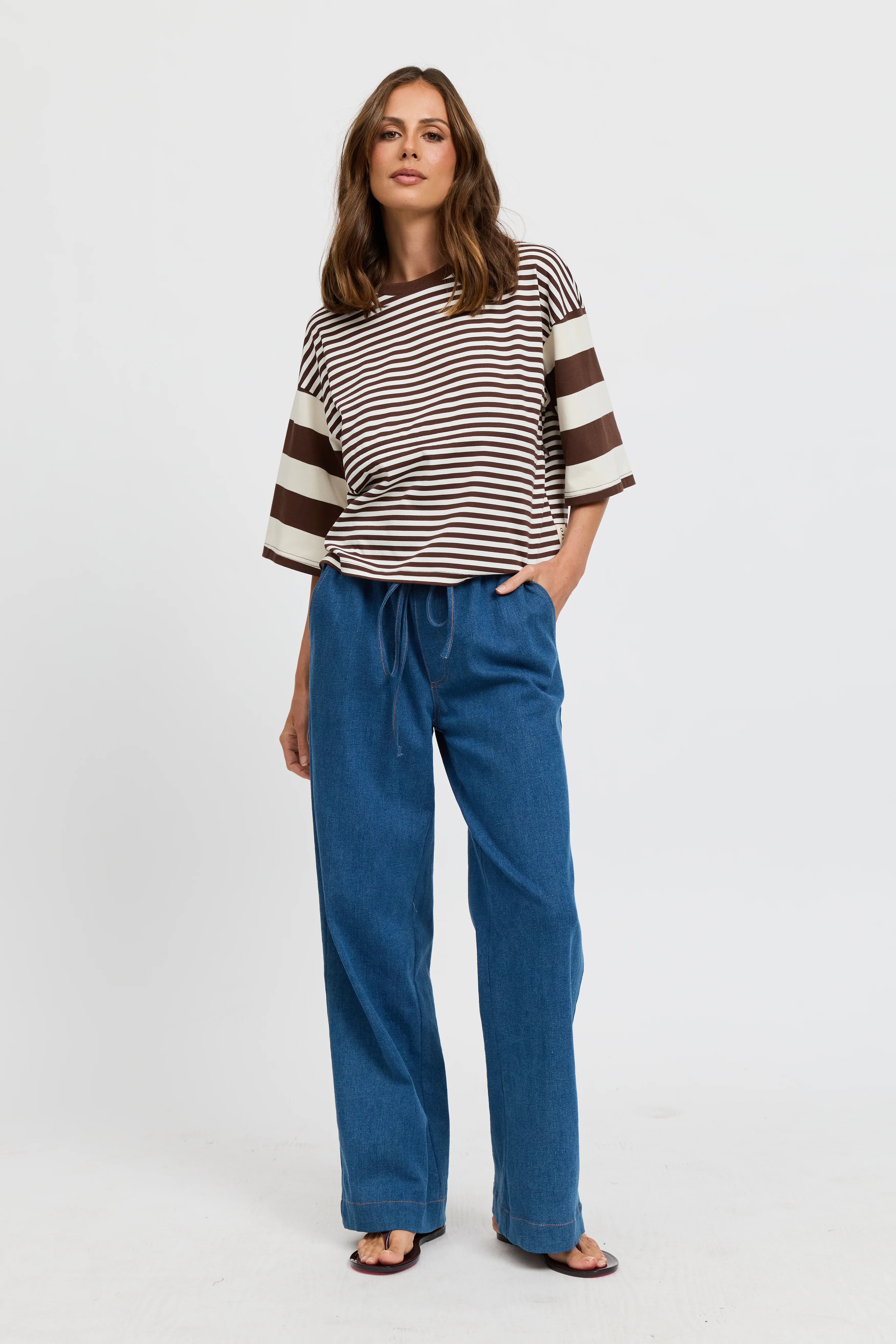Brooklyn Mixed Stripe Slouch Panel Tee - Chocolate / White