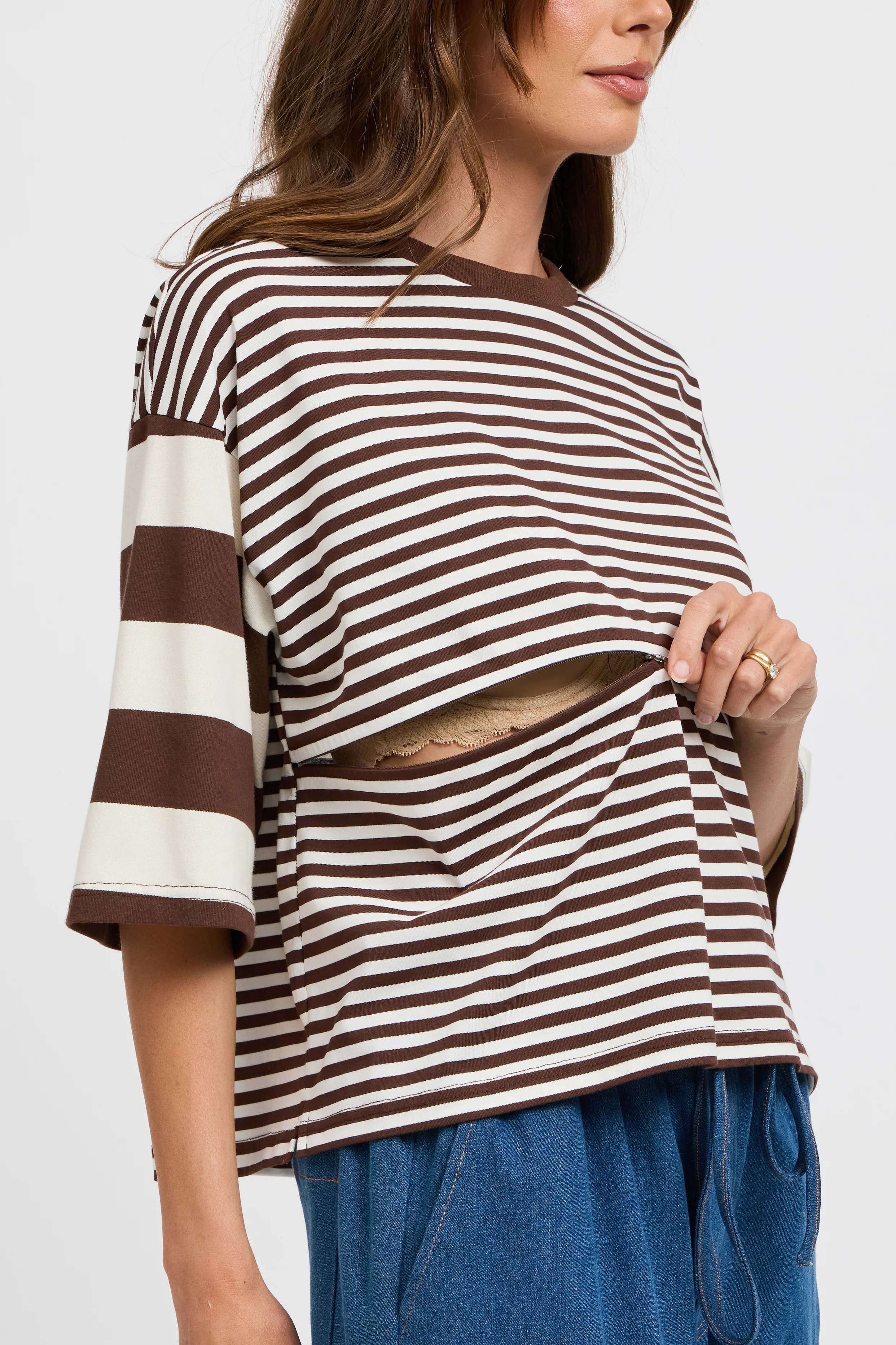 Brooklyn Mixed Stripe Slouch Panel Tee - Chocolate / White - Image 2