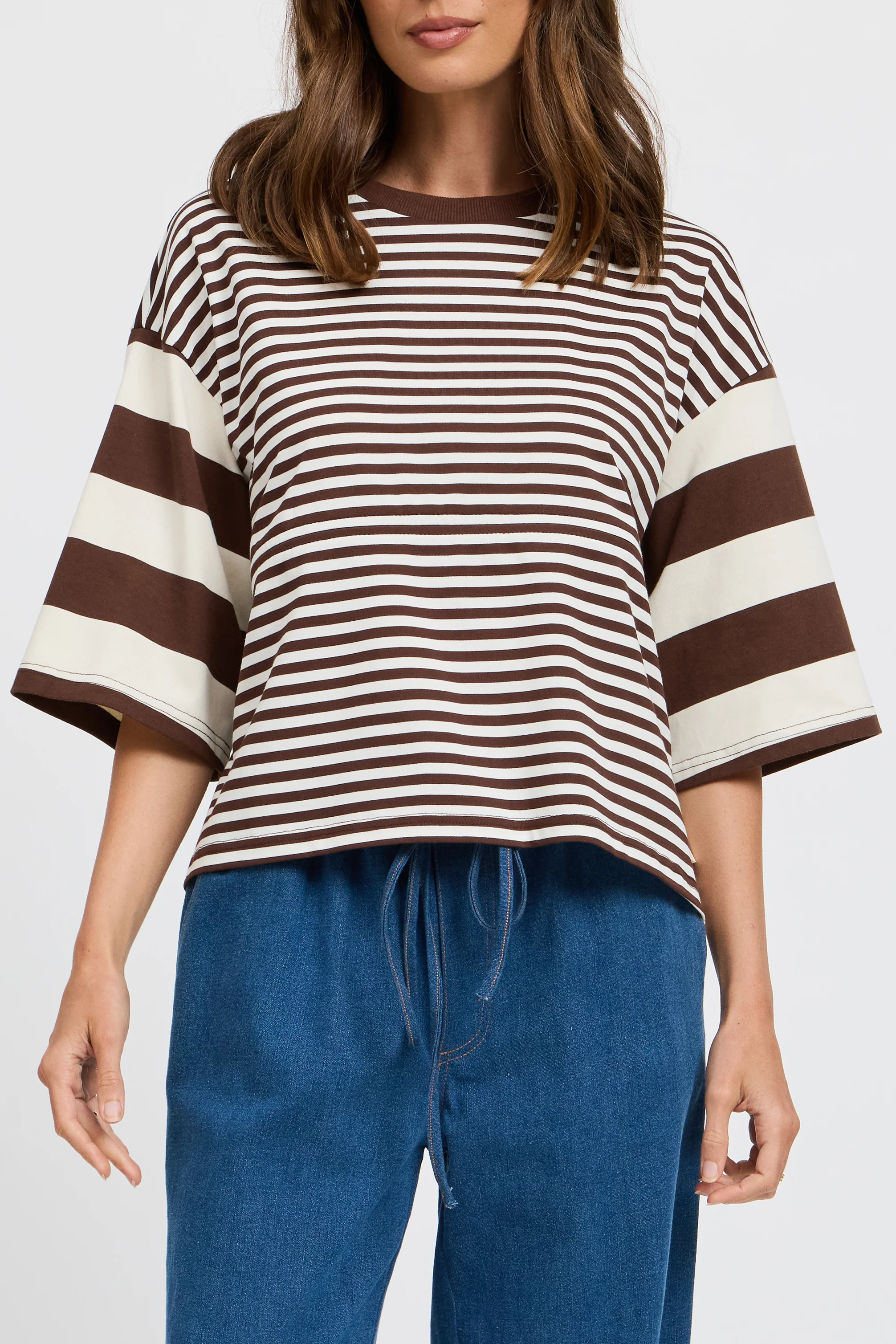 Brooklyn Mixed Stripe Slouch Panel Tee - Chocolate / White - Image 3
