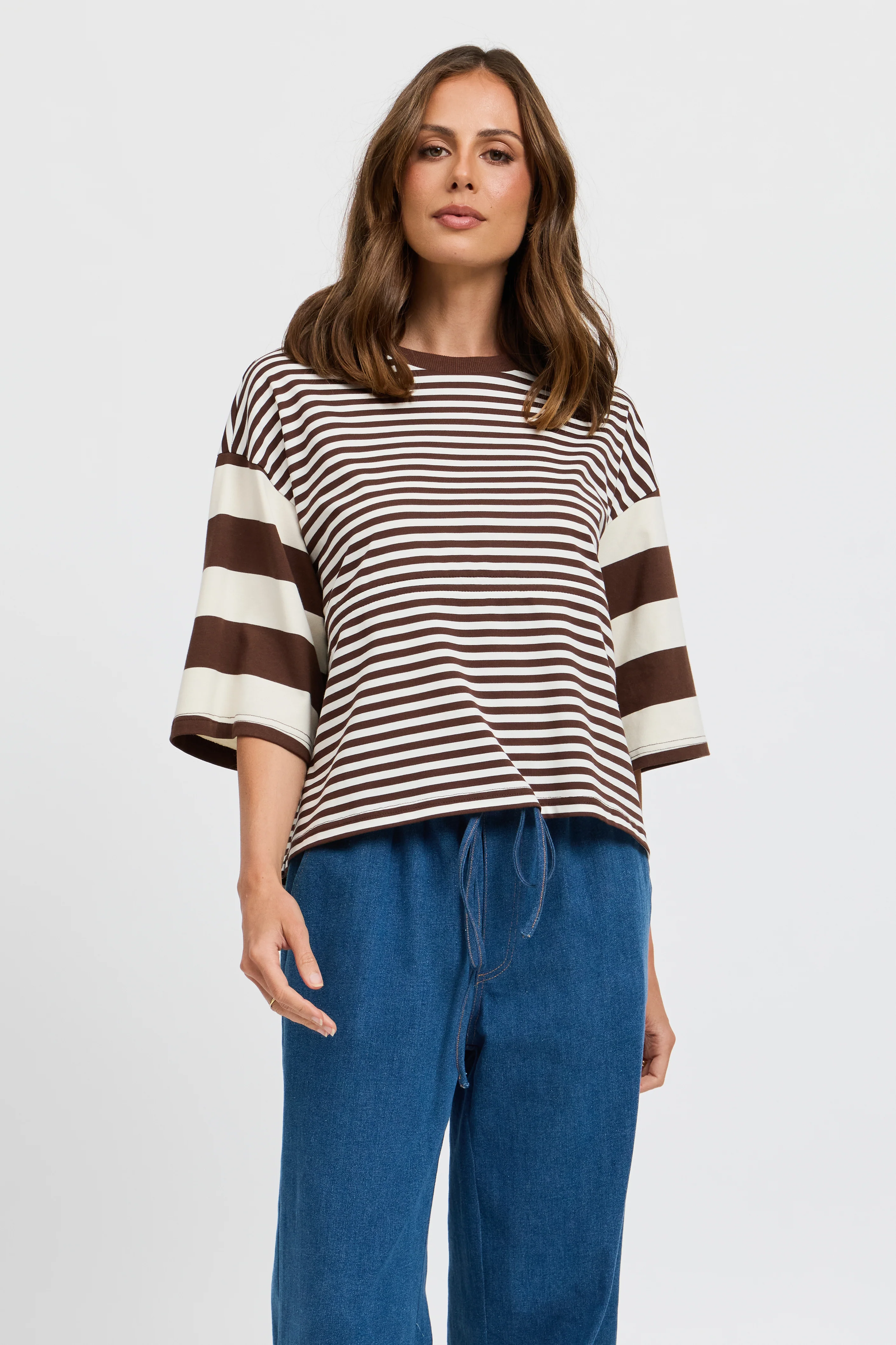 Brooklyn Mixed Stripe Slouch Panel Tee - Chocolate / White - Image 5