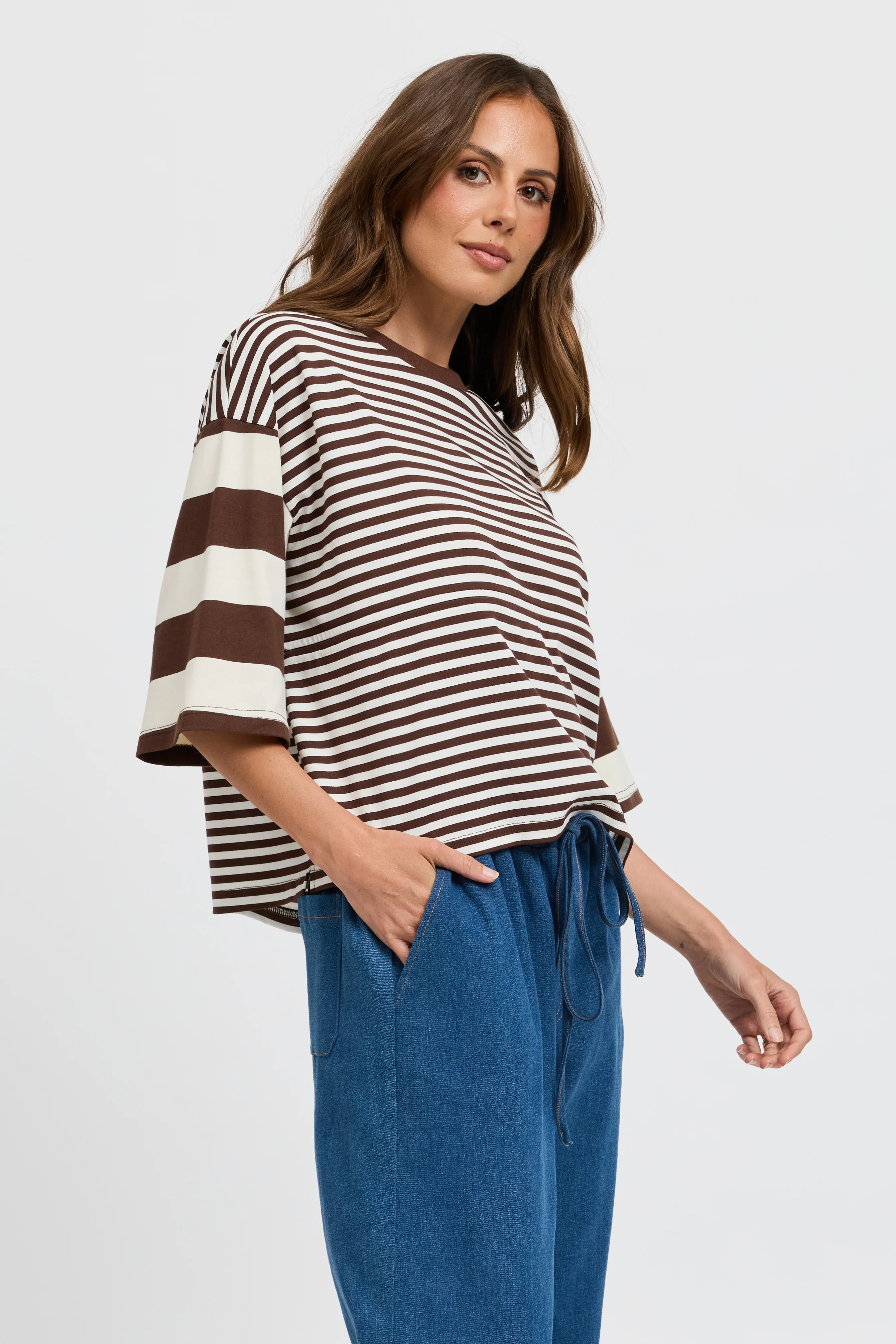 Brooklyn Mixed Stripe Slouch Panel Tee - Chocolate / White - Image 6