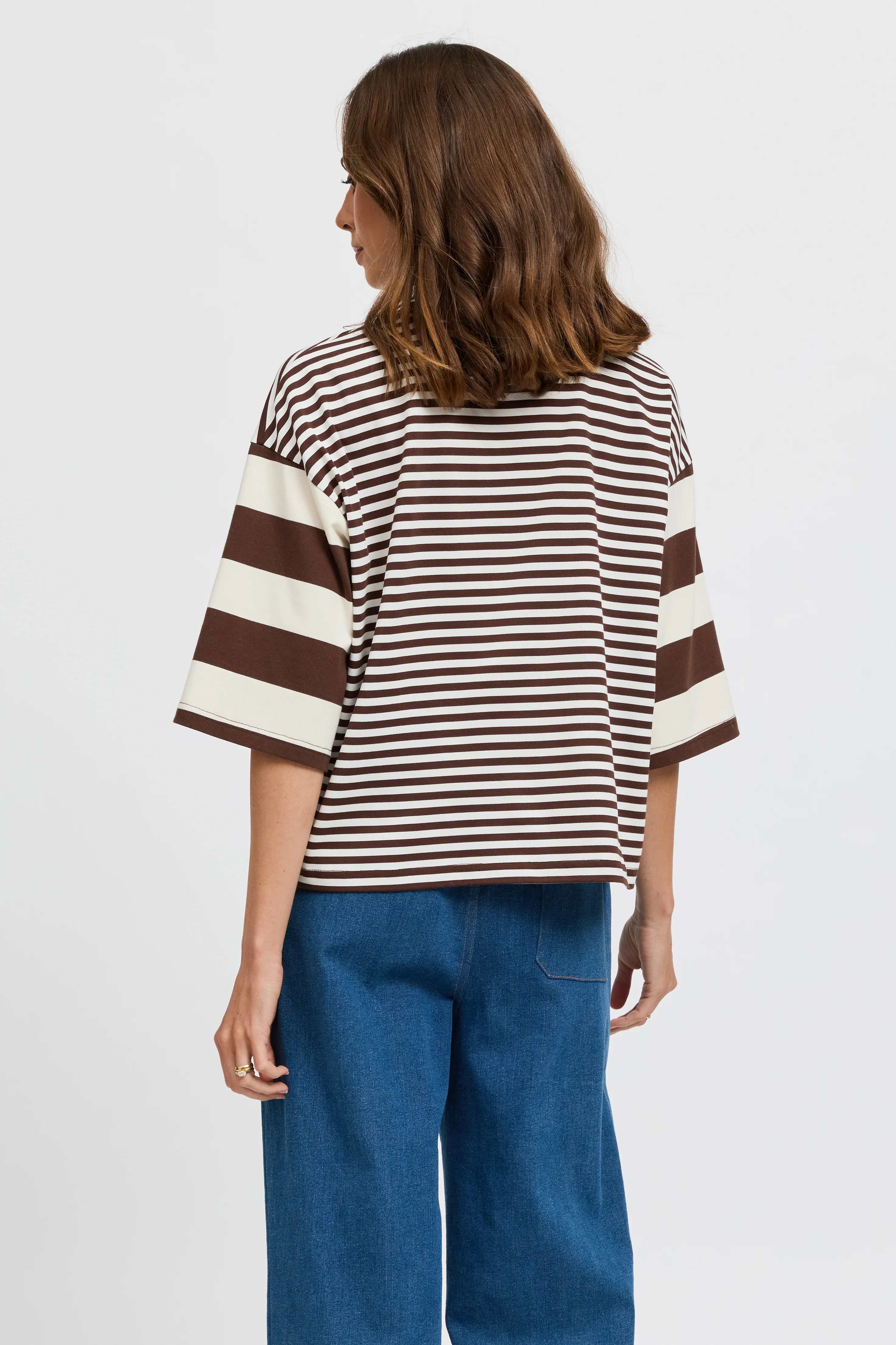 Brooklyn Mixed Stripe Slouch Panel Tee - Chocolate / White - Image 7
