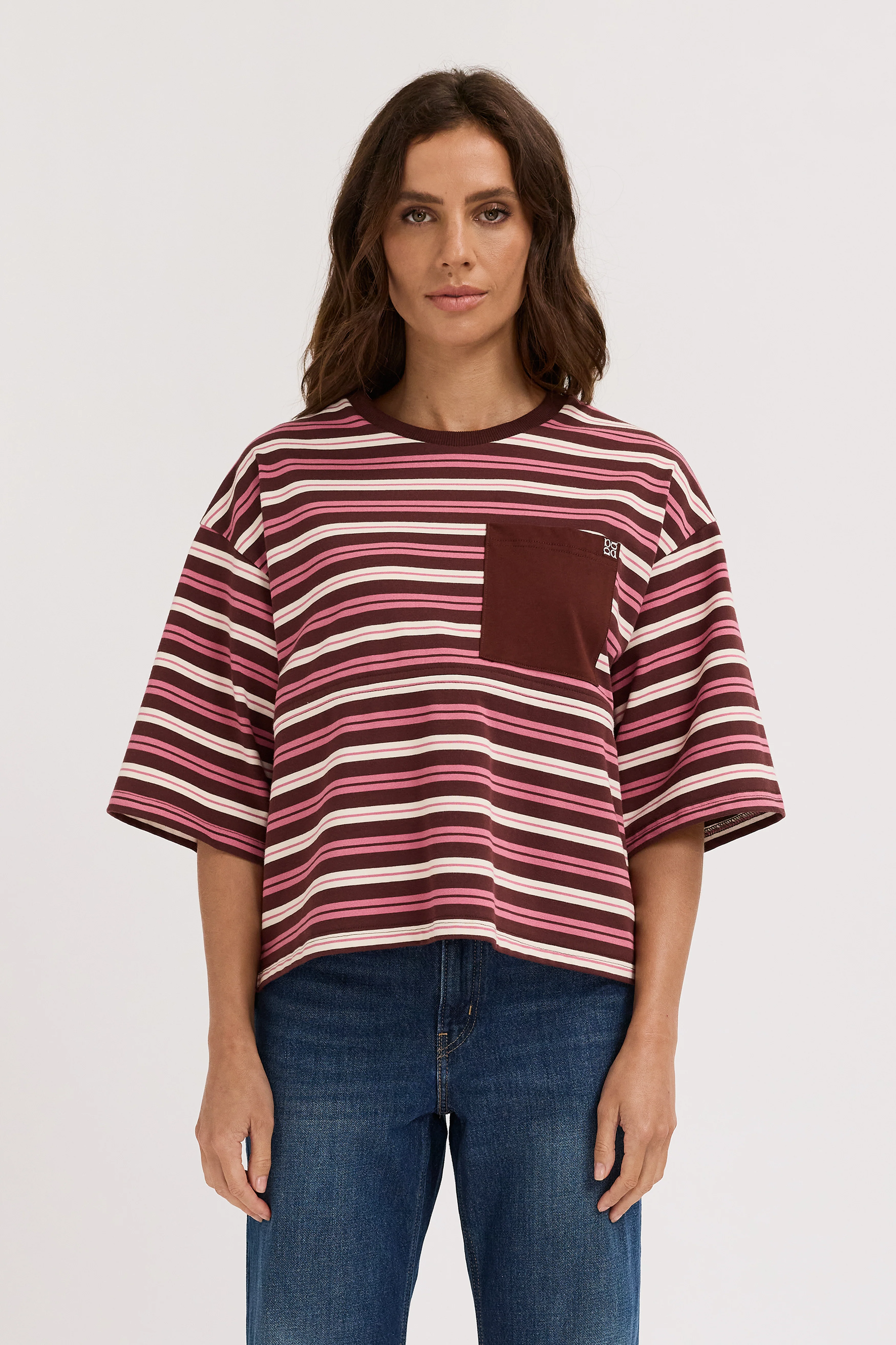Brooklyn Stripe Slouch Panel Tee - Burgundy / Pink - Image 3