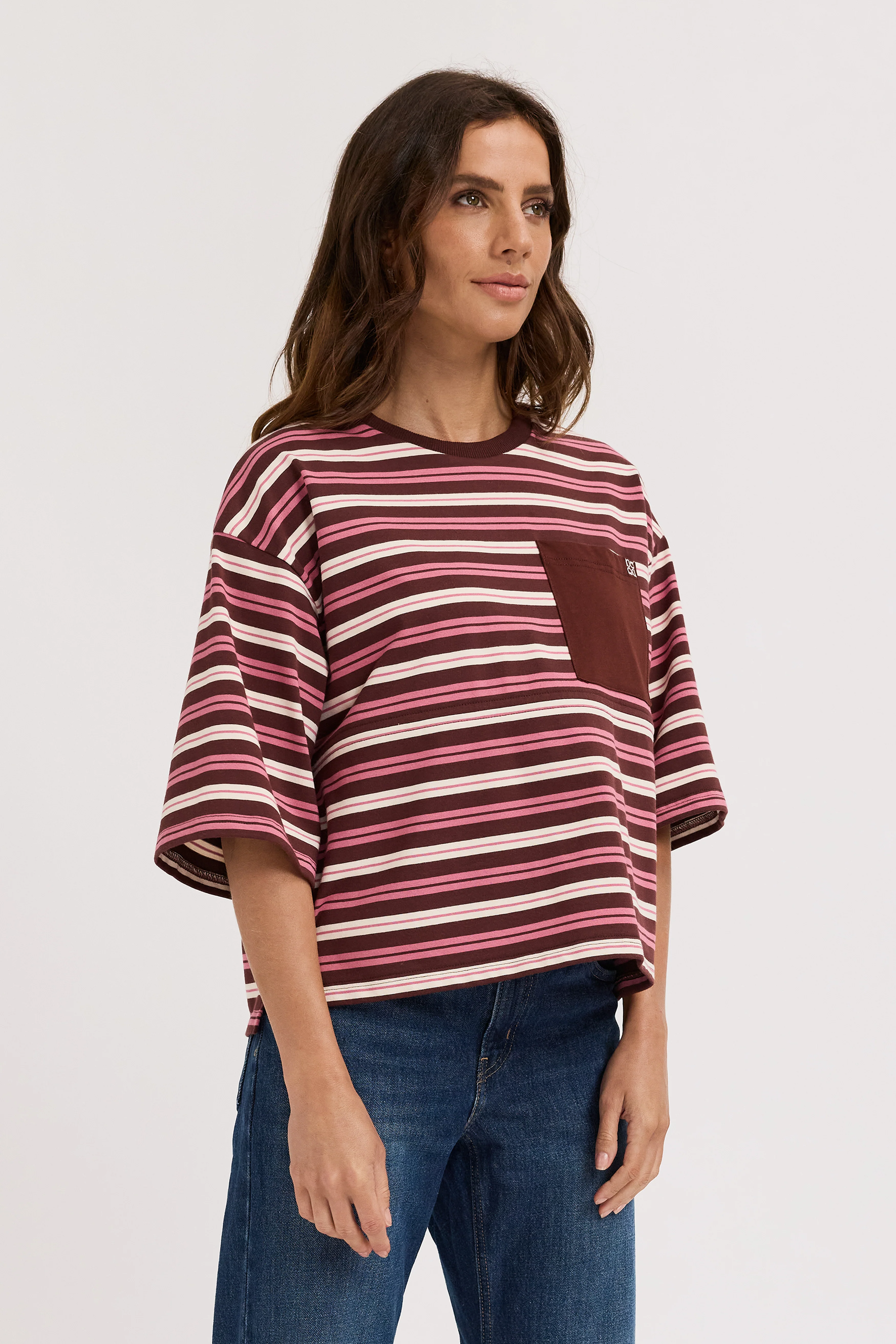 Brooklyn Stripe Slouch Panel Tee - Burgundy / Pink - Image 4