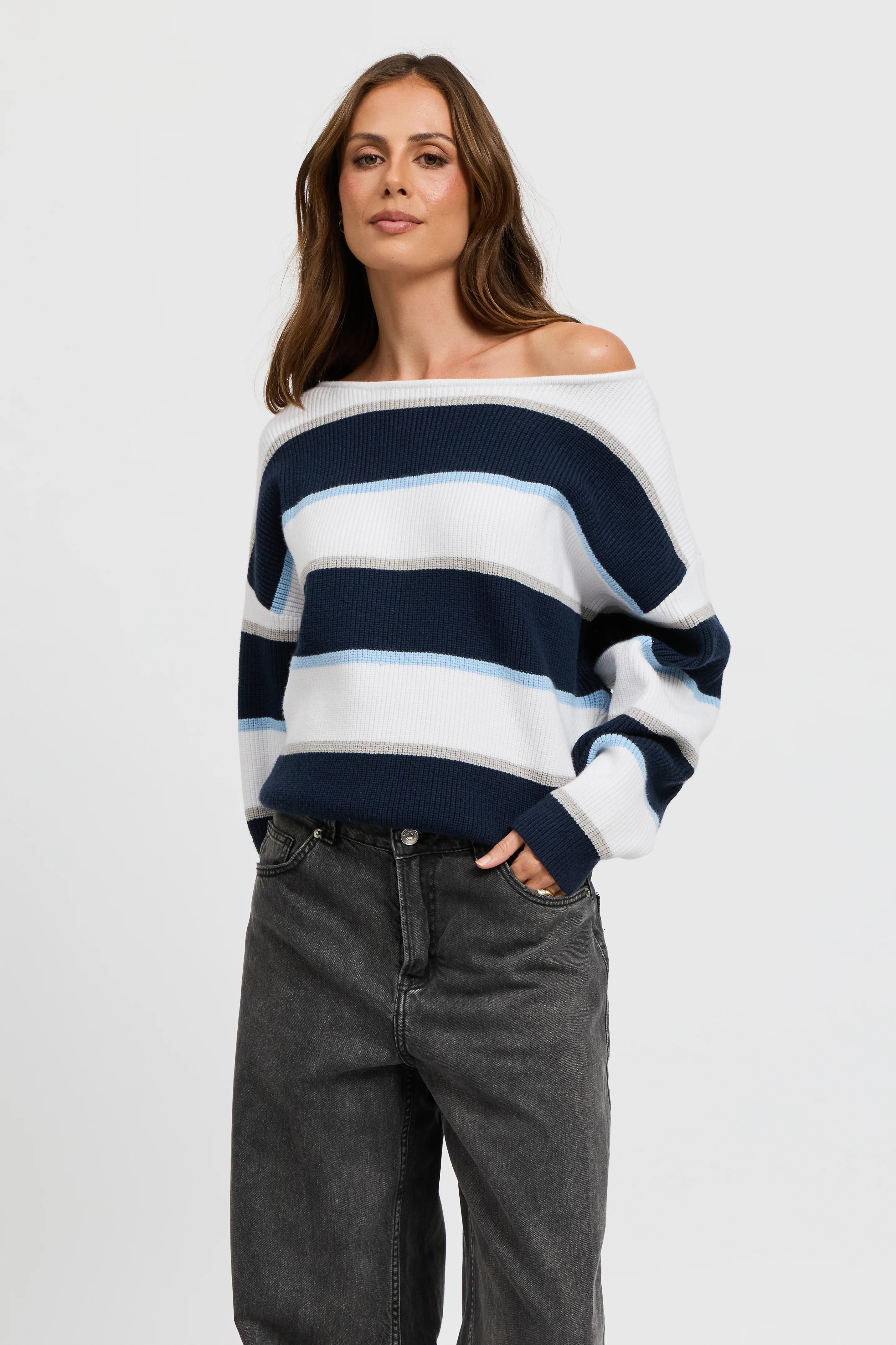 Callie Boatneck Stripe Knit Jumper - White / Navy / Blue - Image 3