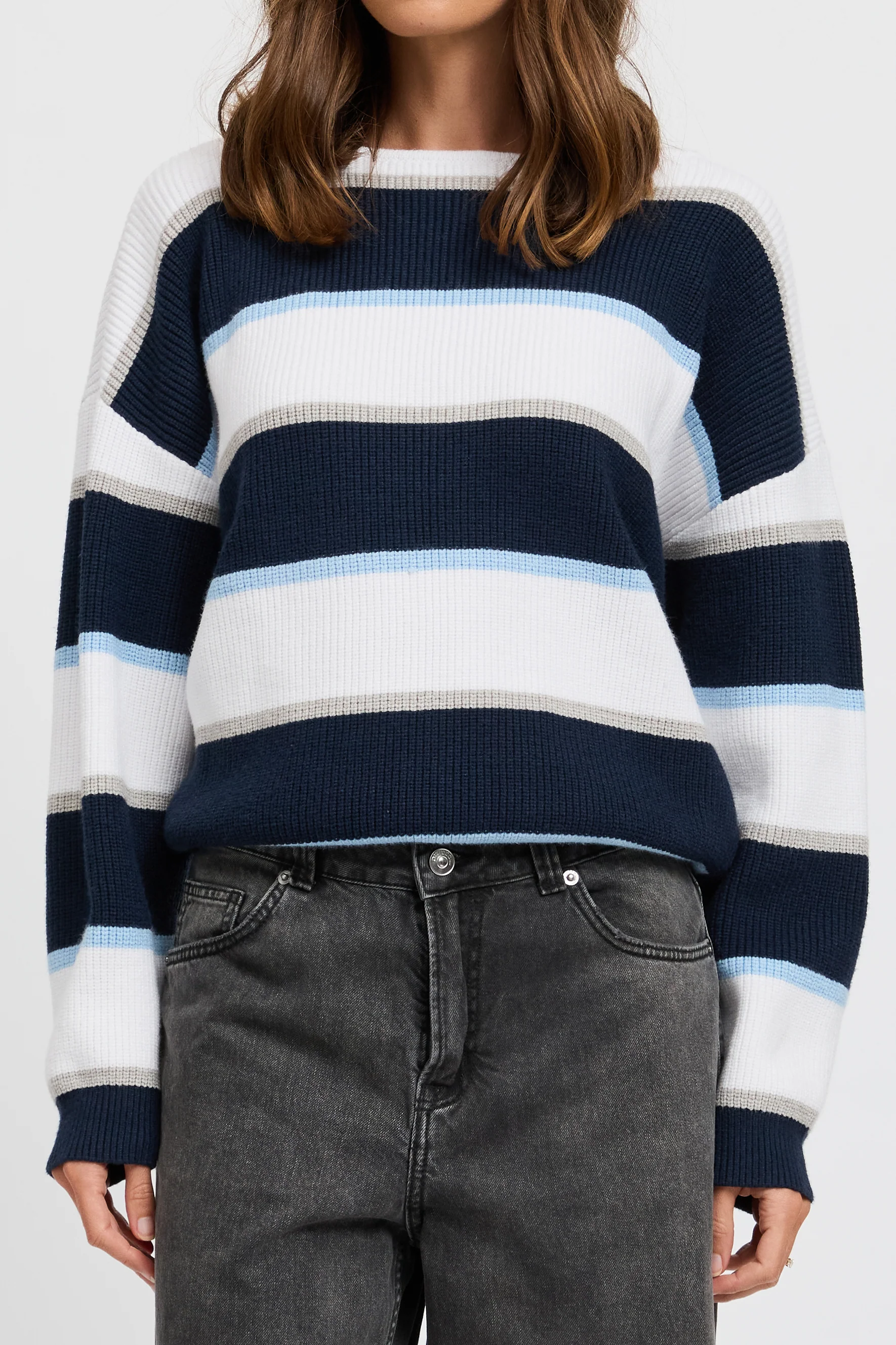 Callie Boatneck Stripe Knit Jumper - White / Navy / Blue - Image 4
