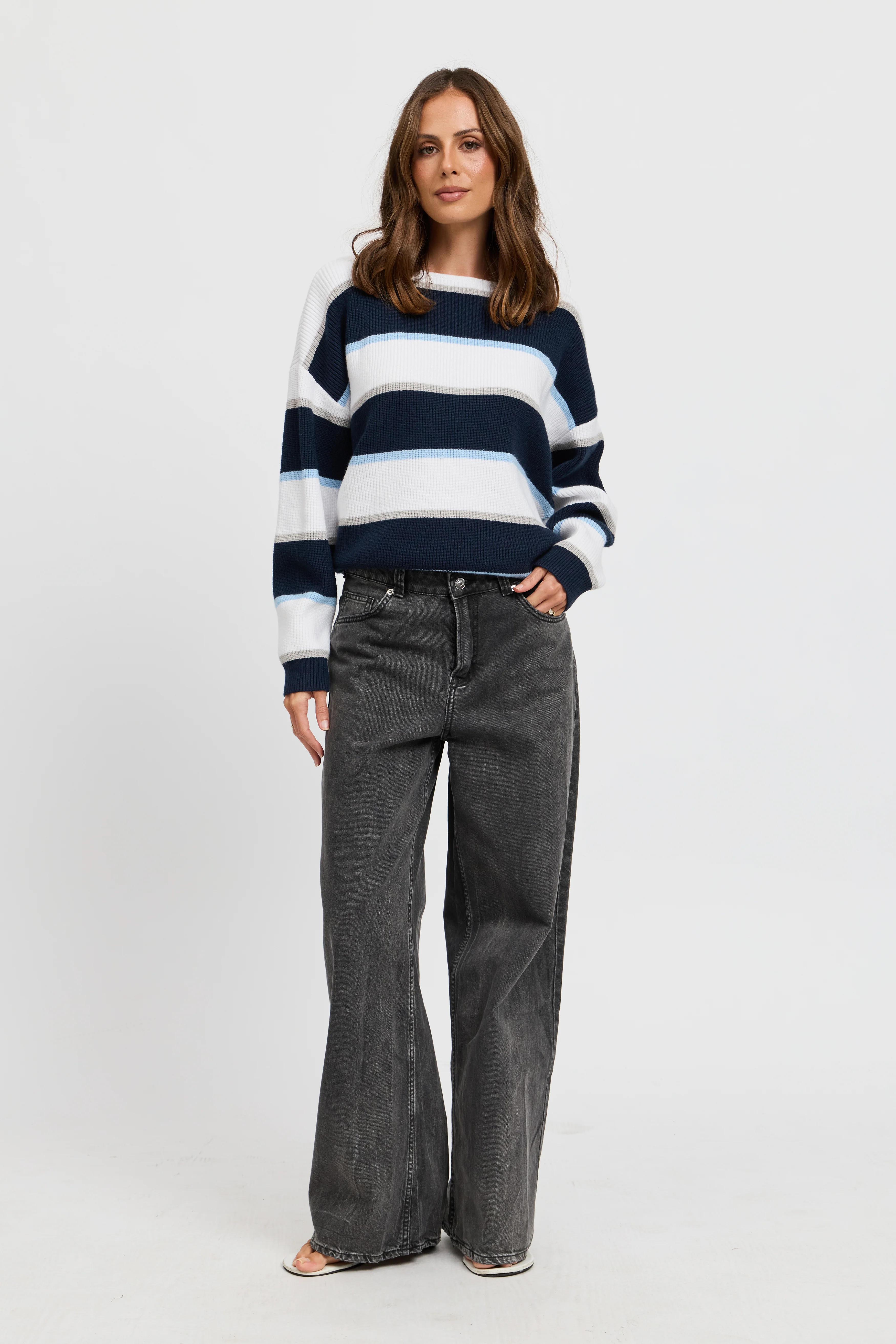 Callie Boatneck Stripe Knit Jumper - White / Navy / Blue - Image 5