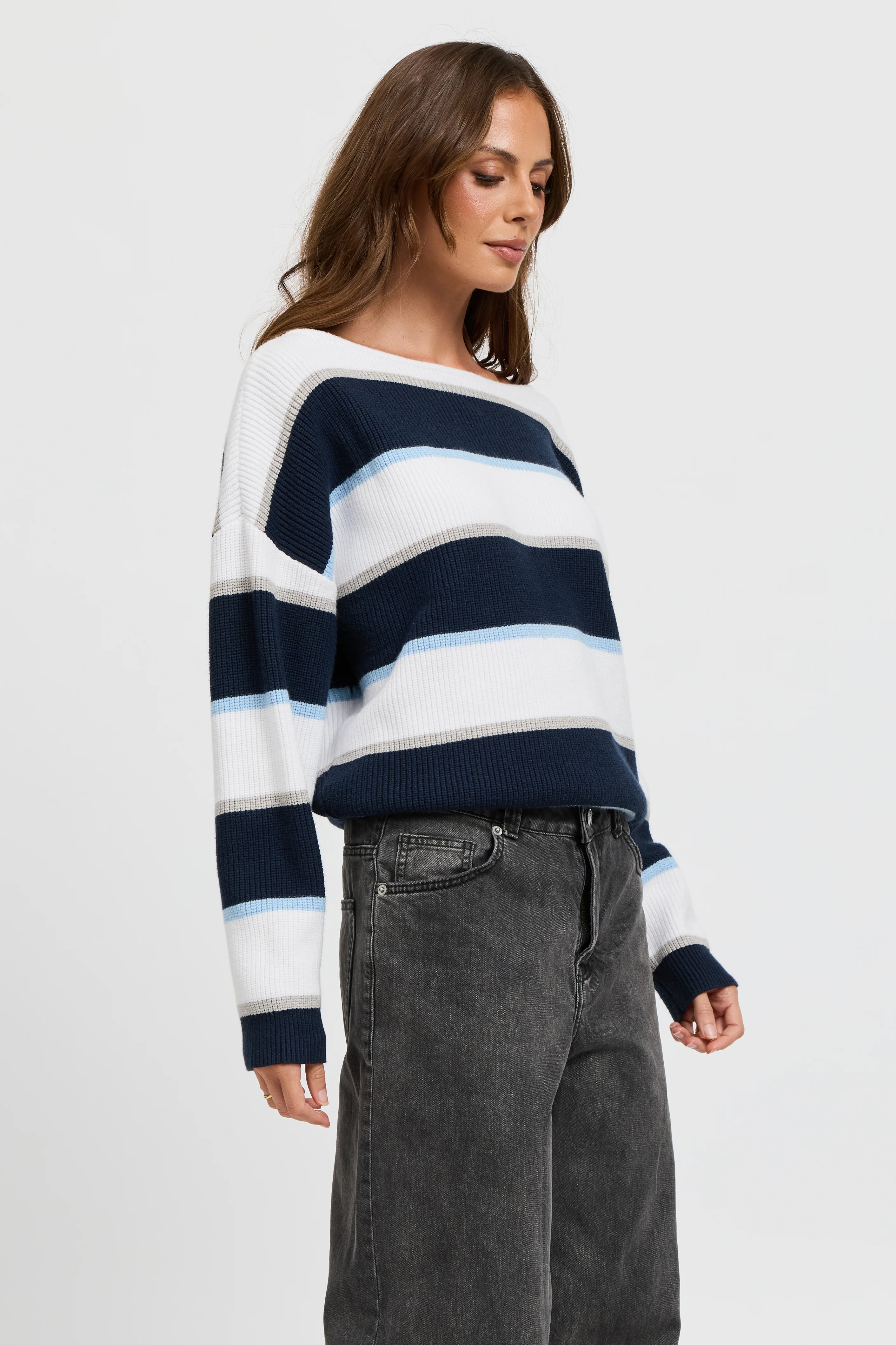 Callie Boatneck Stripe Knit Jumper - White / Navy / Blue - Image 6