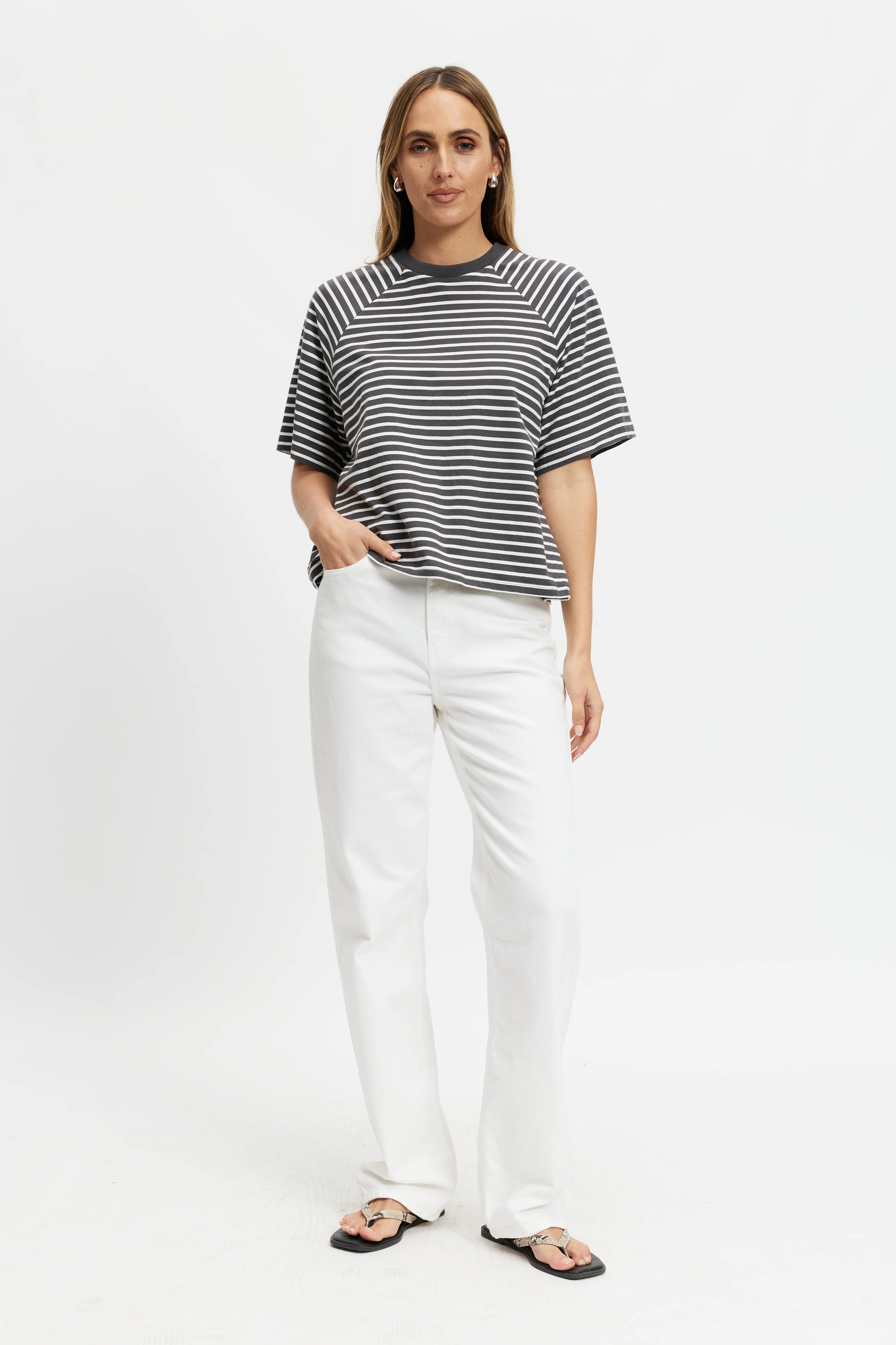 Classique Stripe Box-Cut Tee - Charcoal / White - Image 4