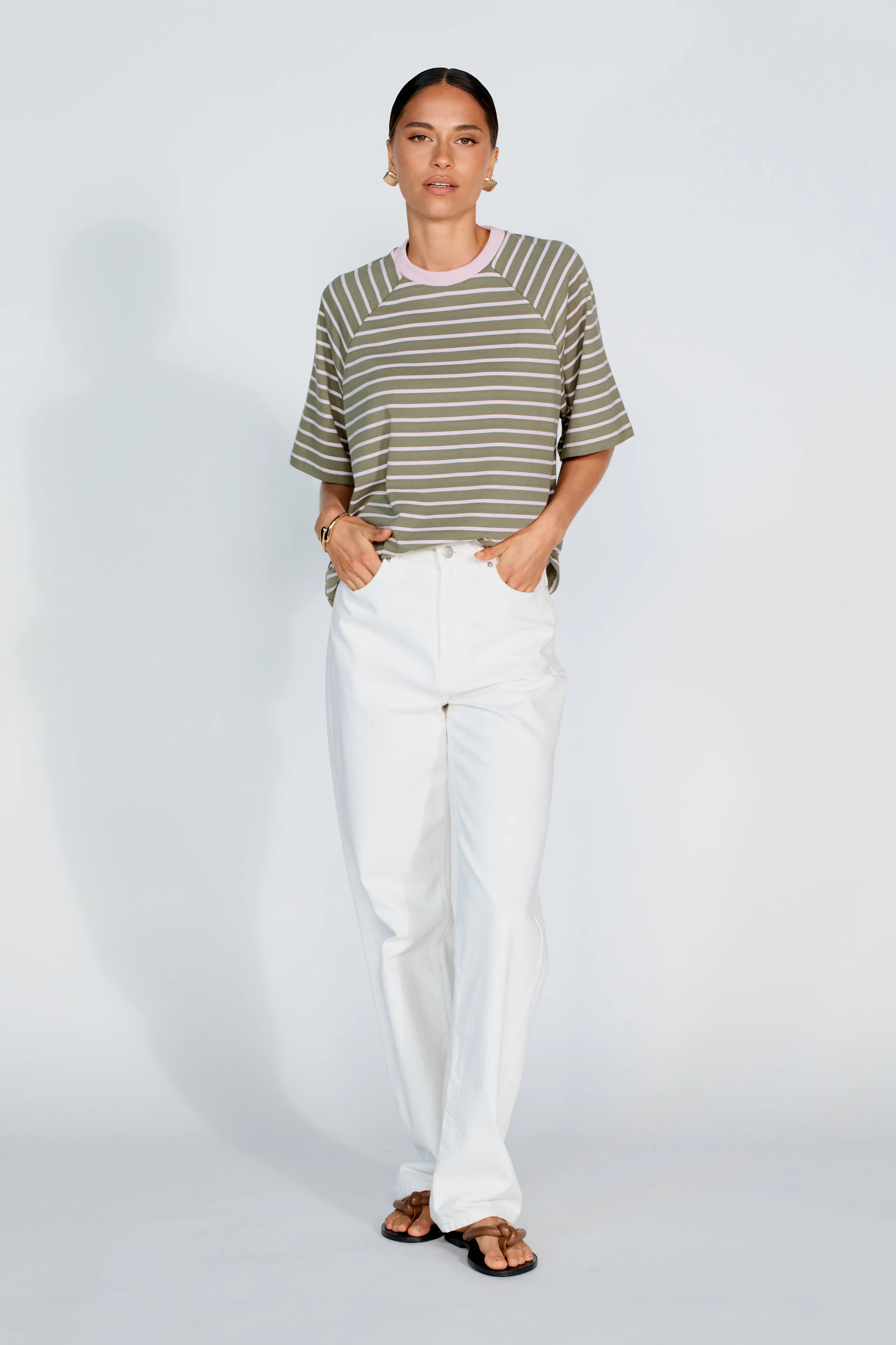 Classique Stripe Box-Cut Tee - Khaki / Pink - Image 3