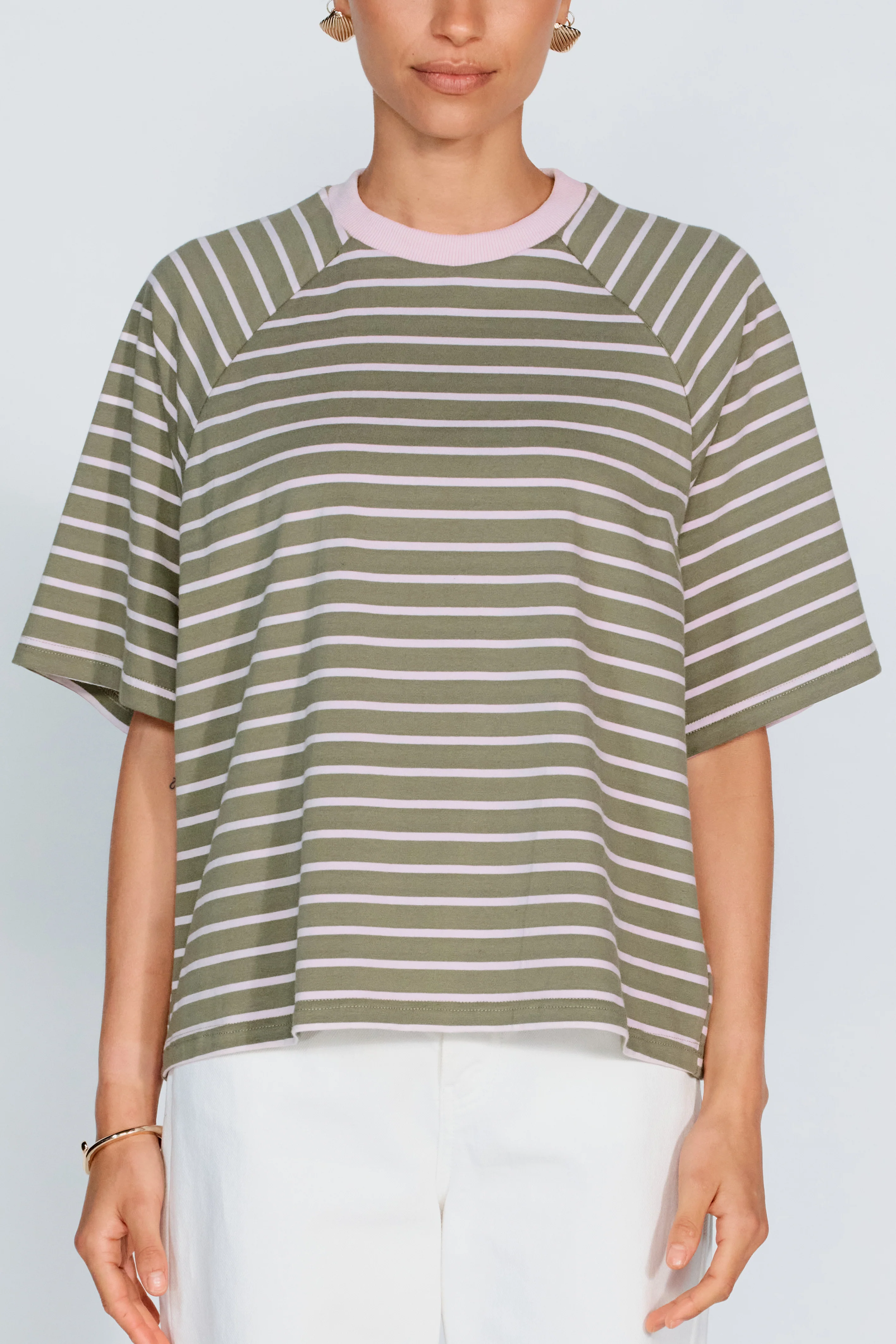 Classique Stripe Box-Cut Tee - Khaki / Pink - Image 4