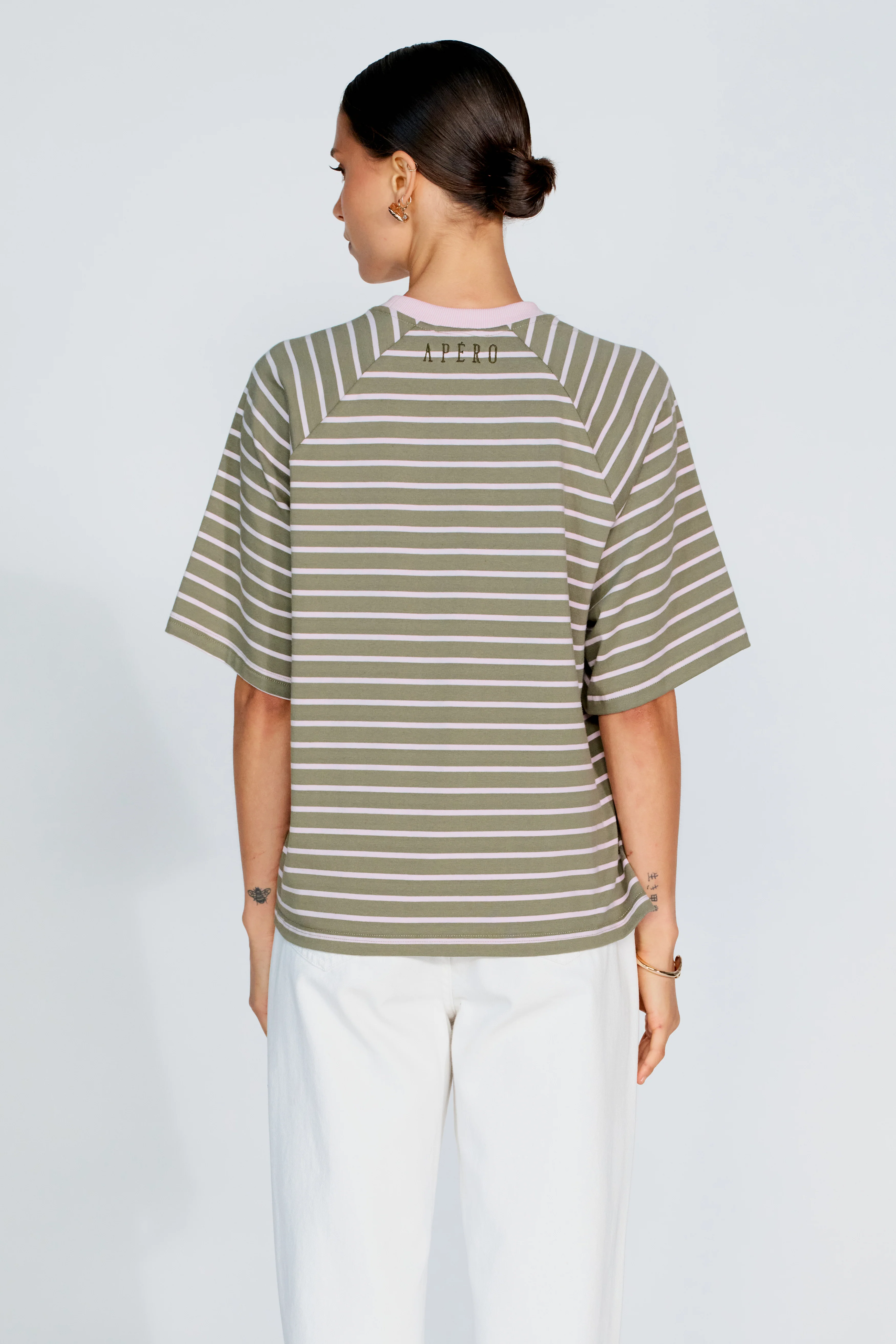 Classique Stripe Box-Cut Tee - Khaki / Pink - Image 5