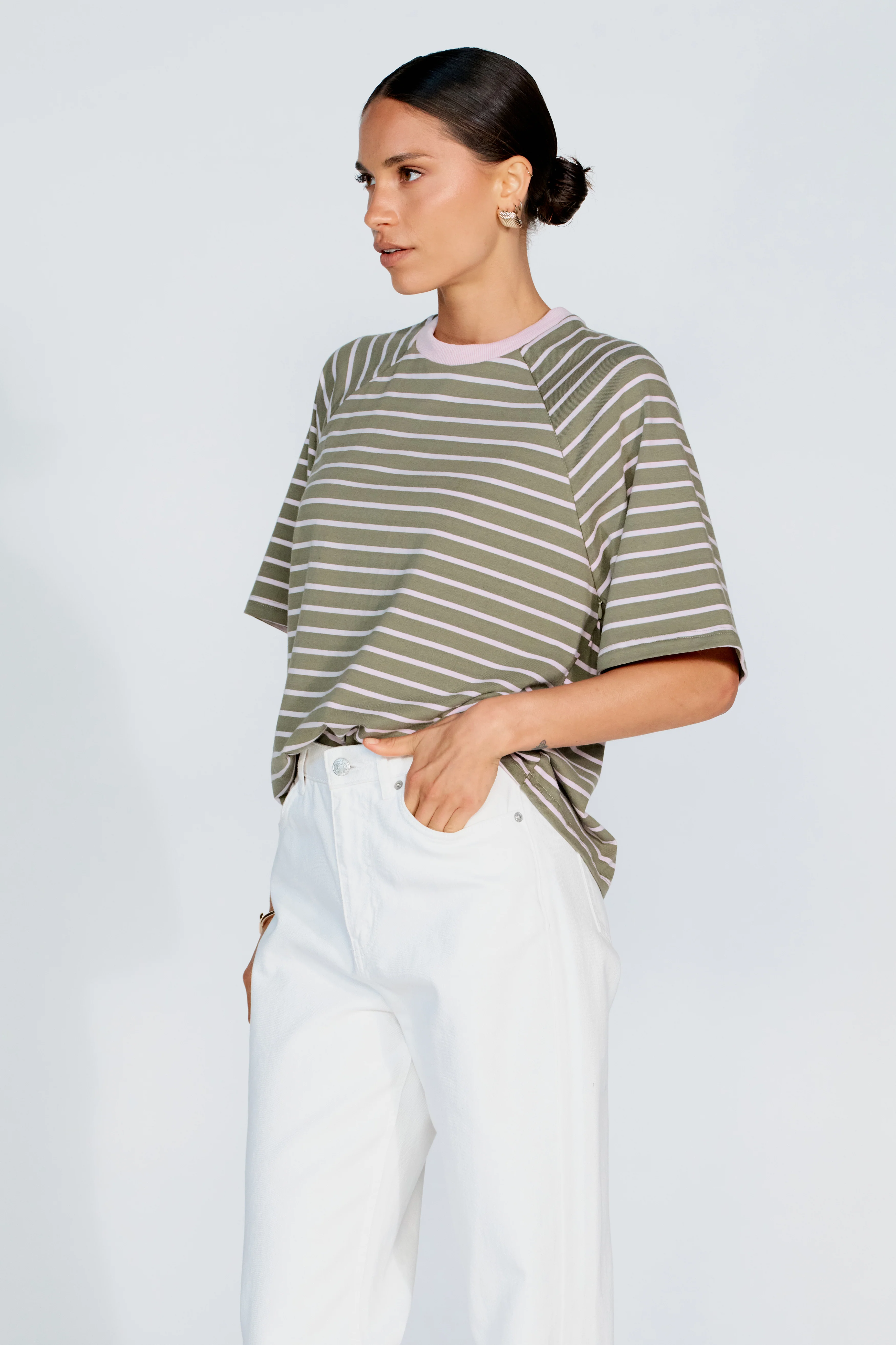 Classique Stripe Box-Cut Tee - Khaki / Pink - Image 6
