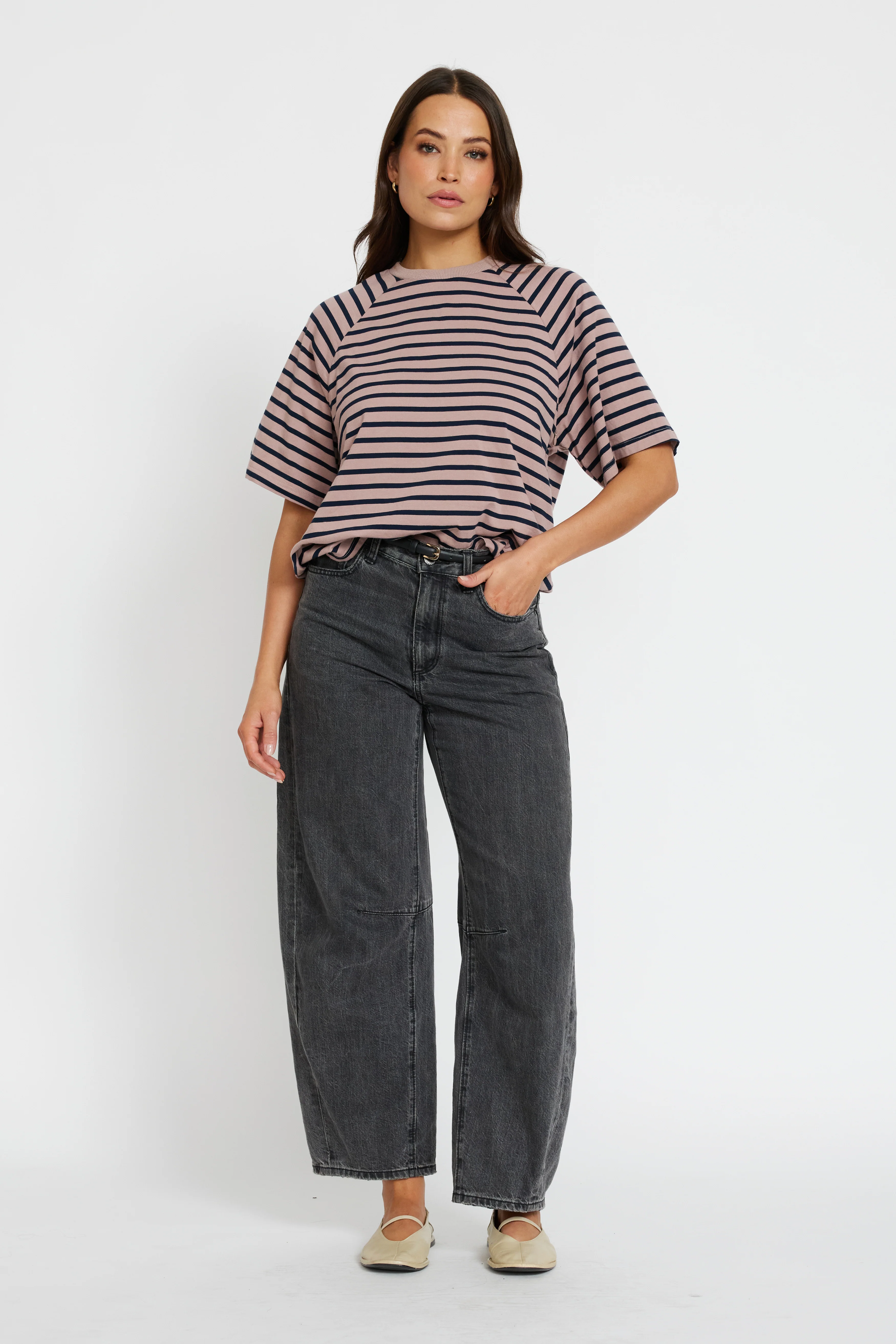 Classique Stripe Box-Cut Tee - Latte / Navy - Image 4