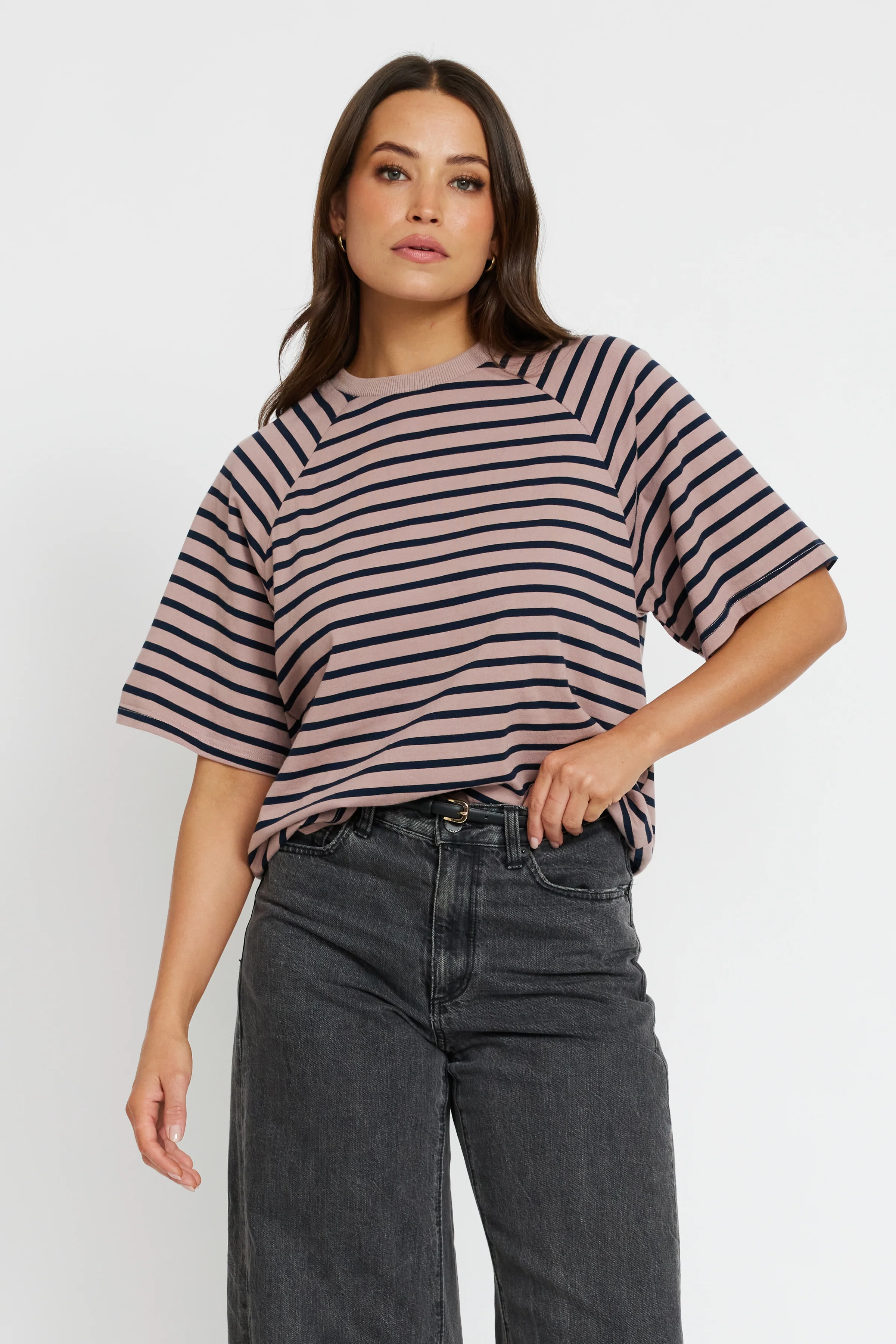 Classique Stripe Box-Cut Tee - Latte / Navy - Image 5