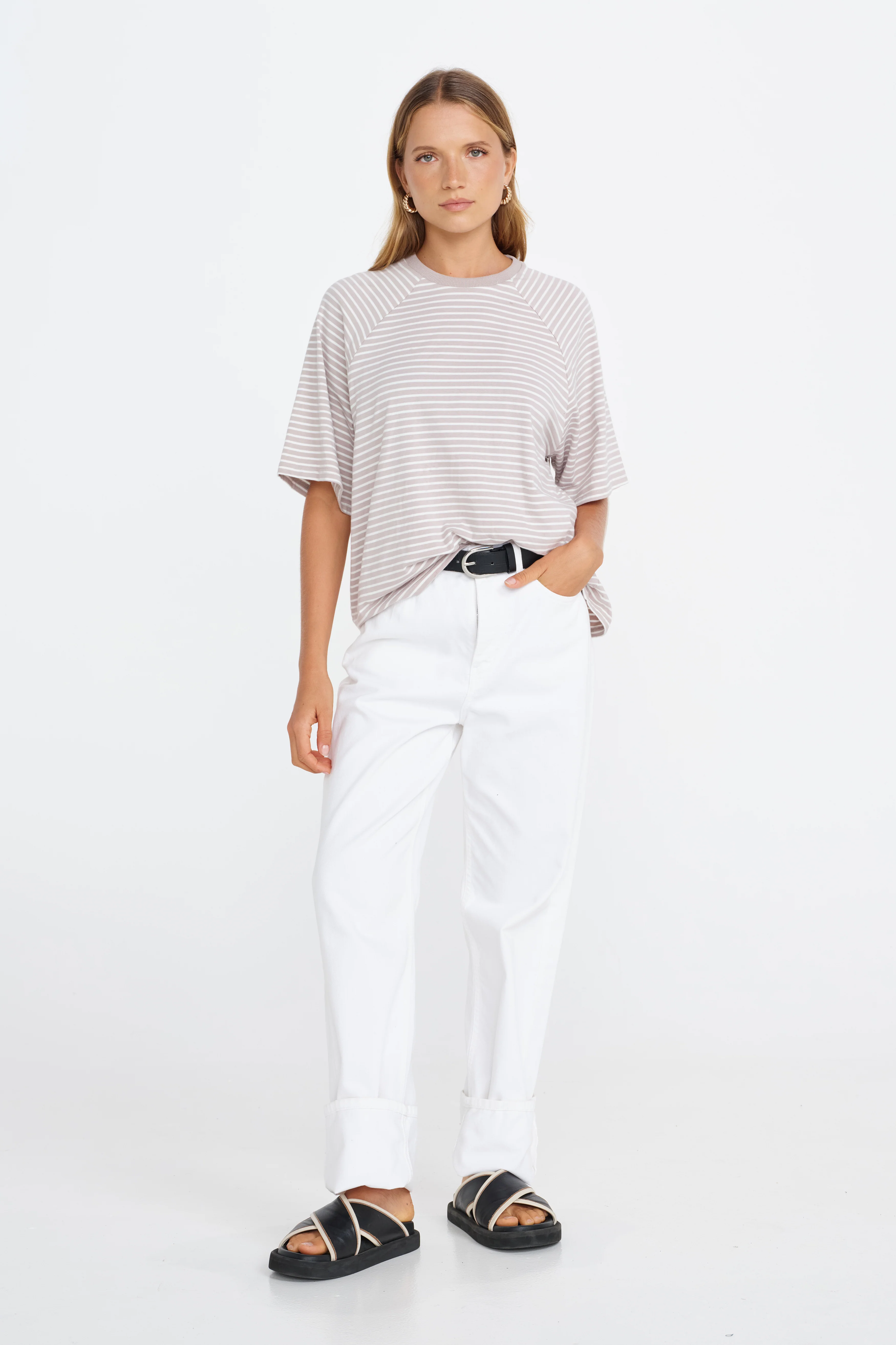 Classique Stripe Box-Cut Tee - Stone / White - Image 4