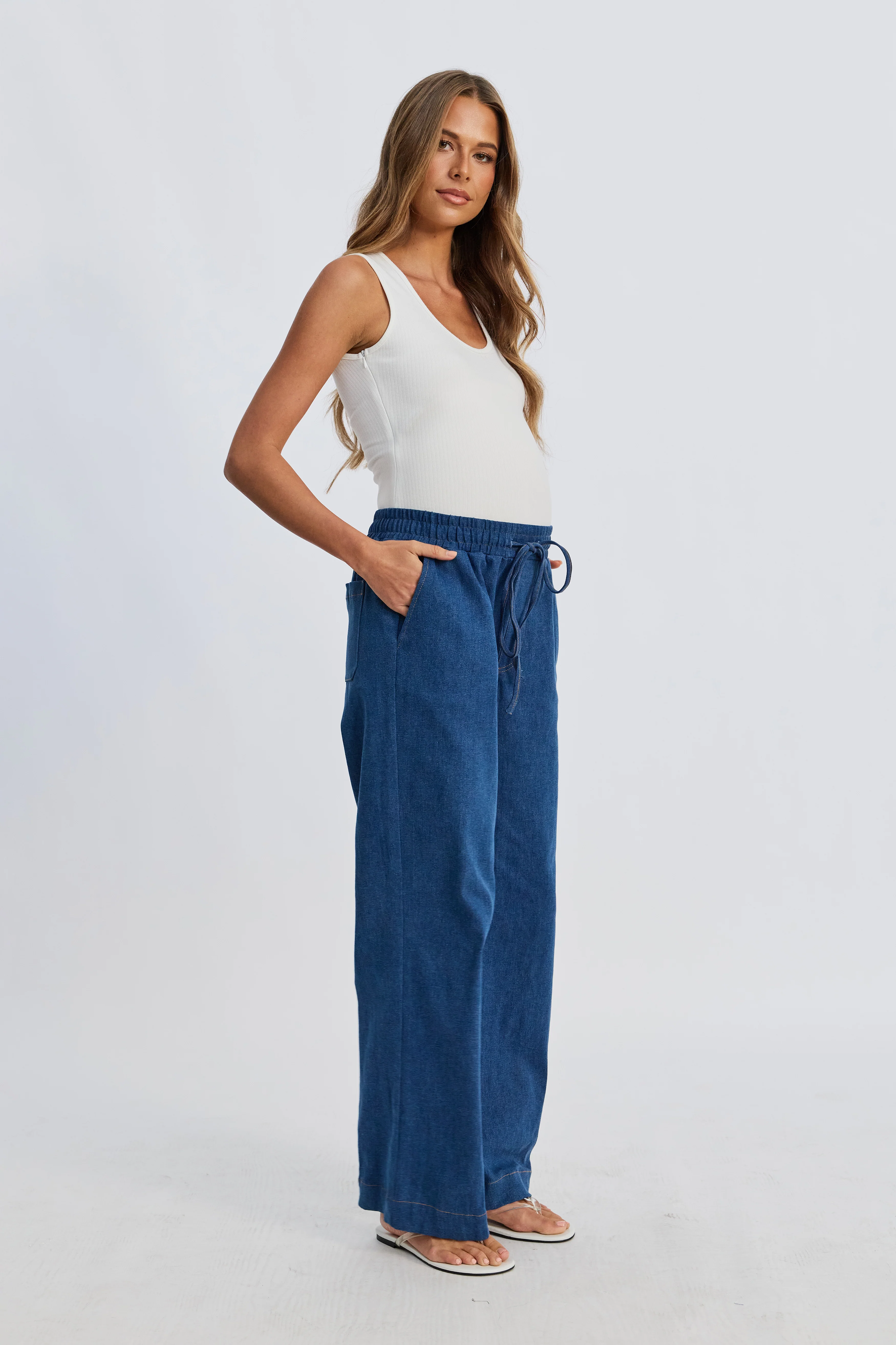 Claudia Elastic-Waist Denim Look Pant - Medium Blue - Image 10