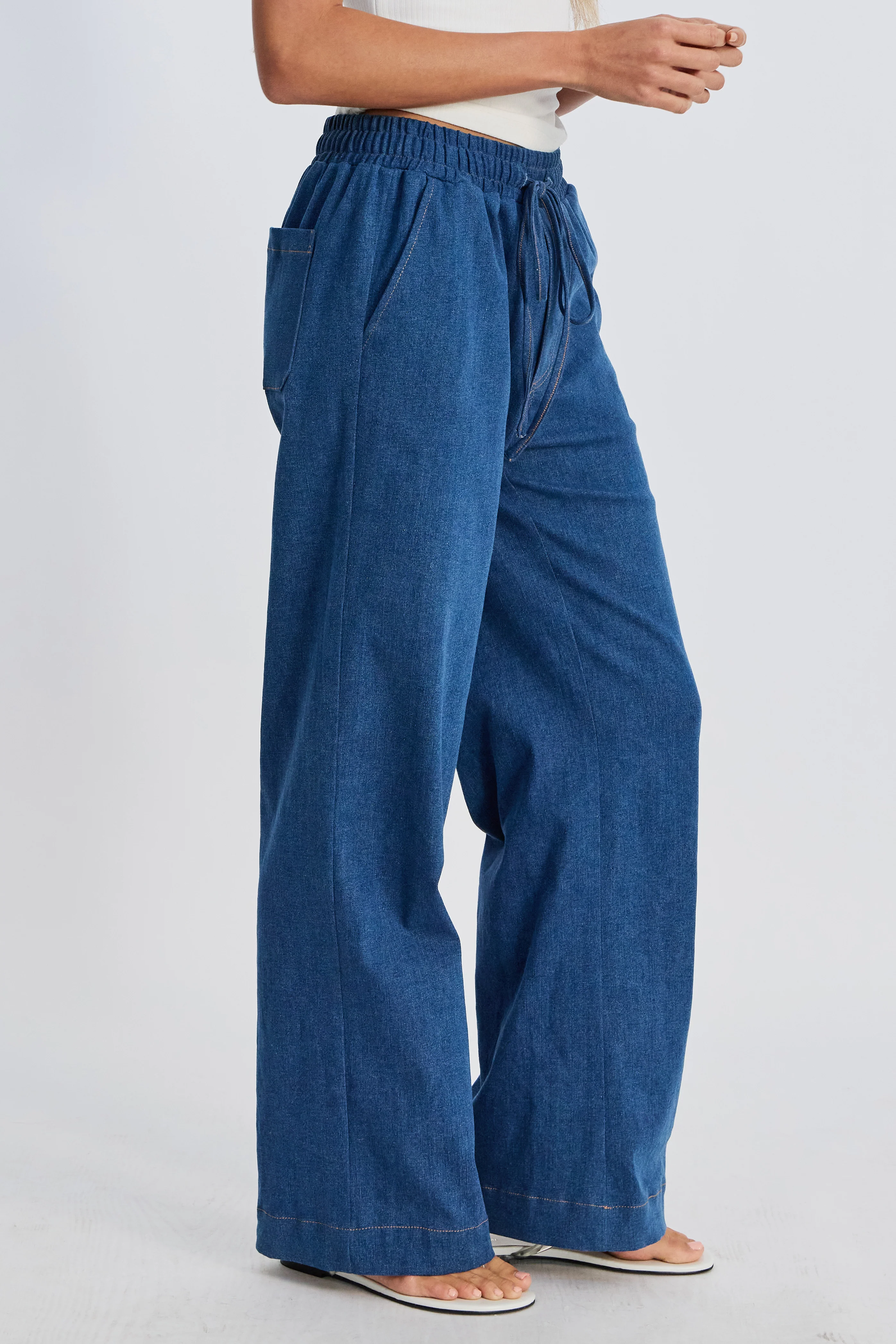 Claudia Elastic-Waist Denim Look Pant - Medium Blue - Image 11