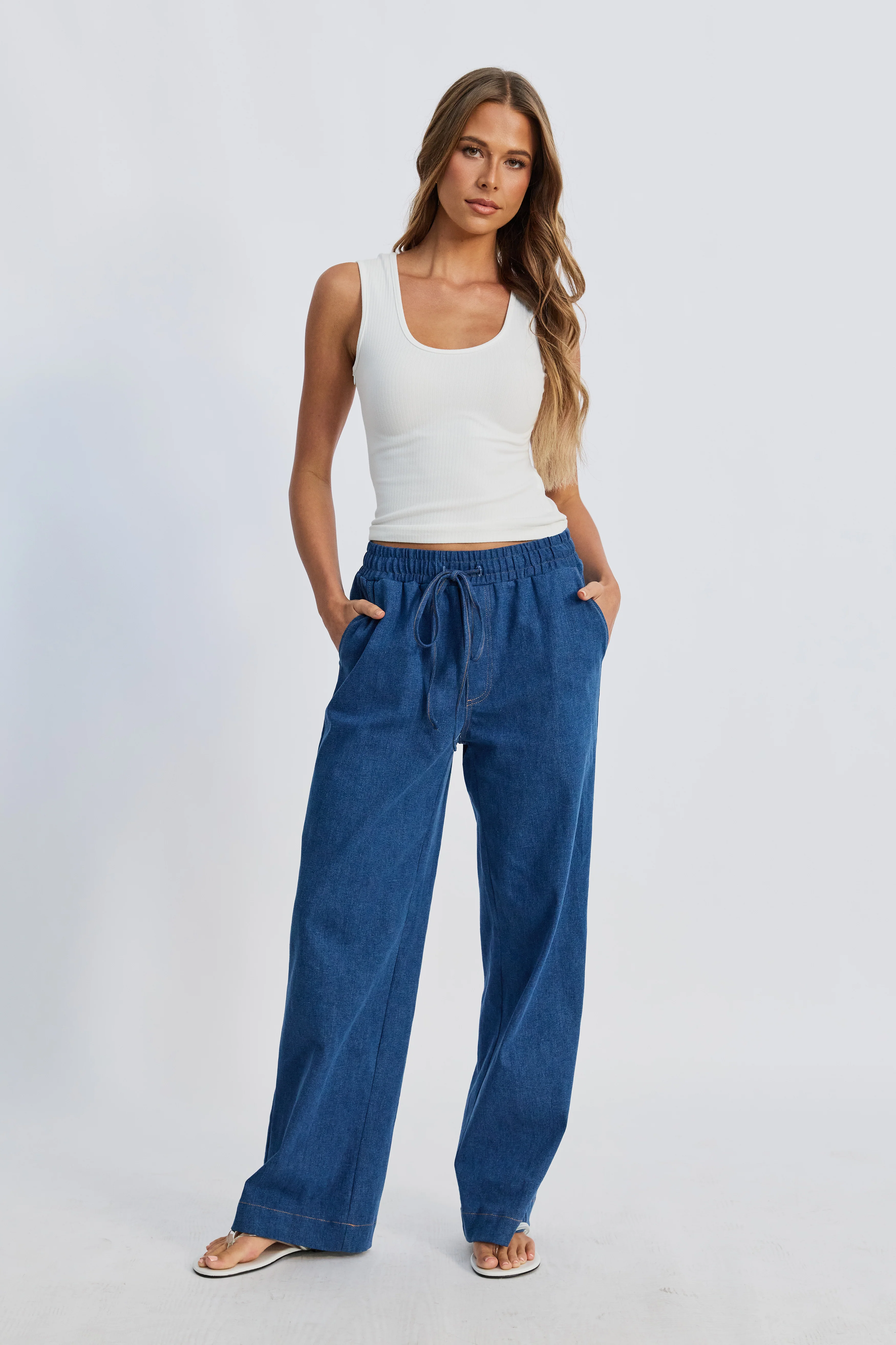 Claudia Elastic-Waist Denim Look Pant - Medium Blue - Image 3