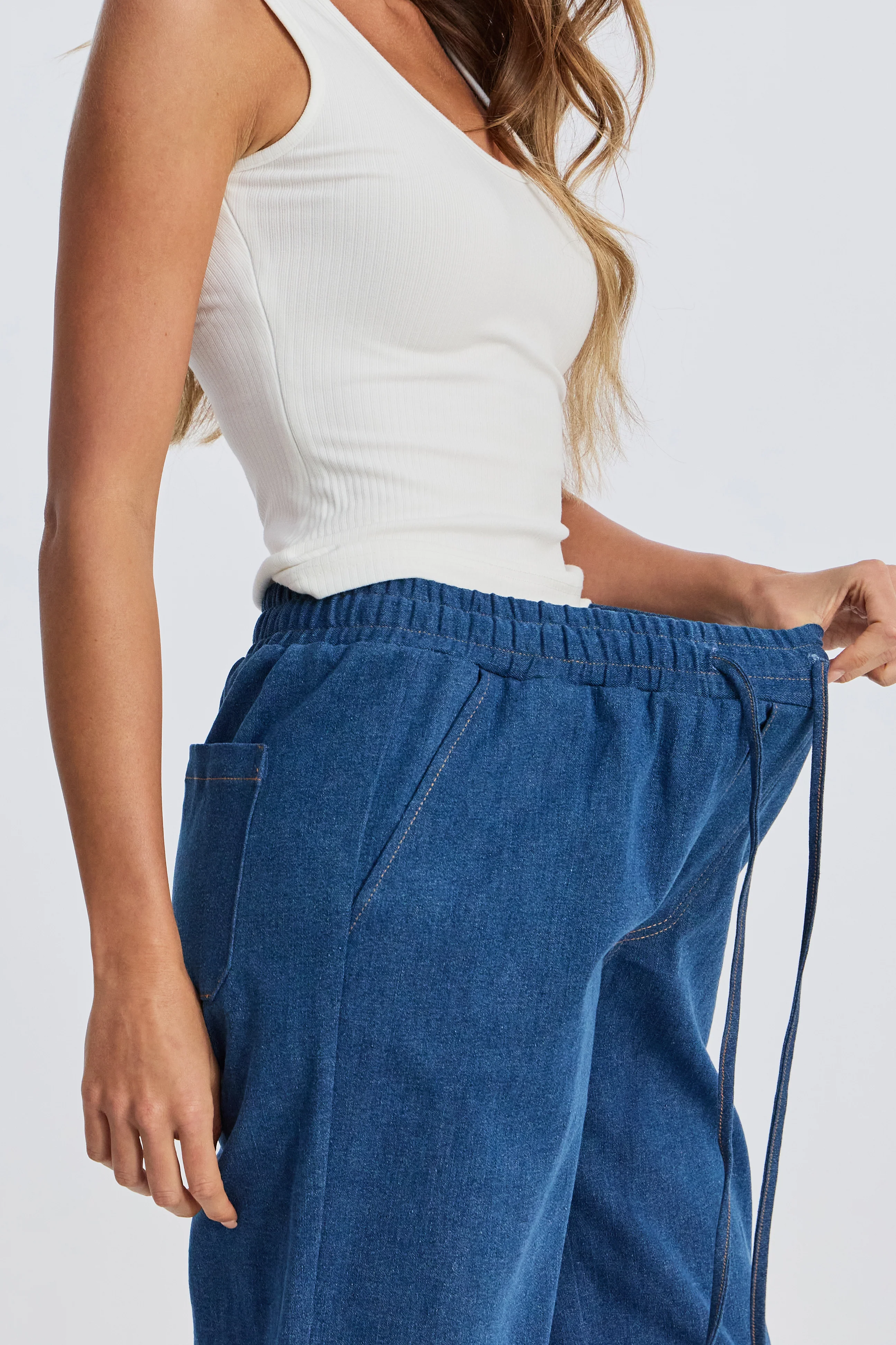 Claudia Elastic-Waist Denim Look Pant - Medium Blue - Image 5