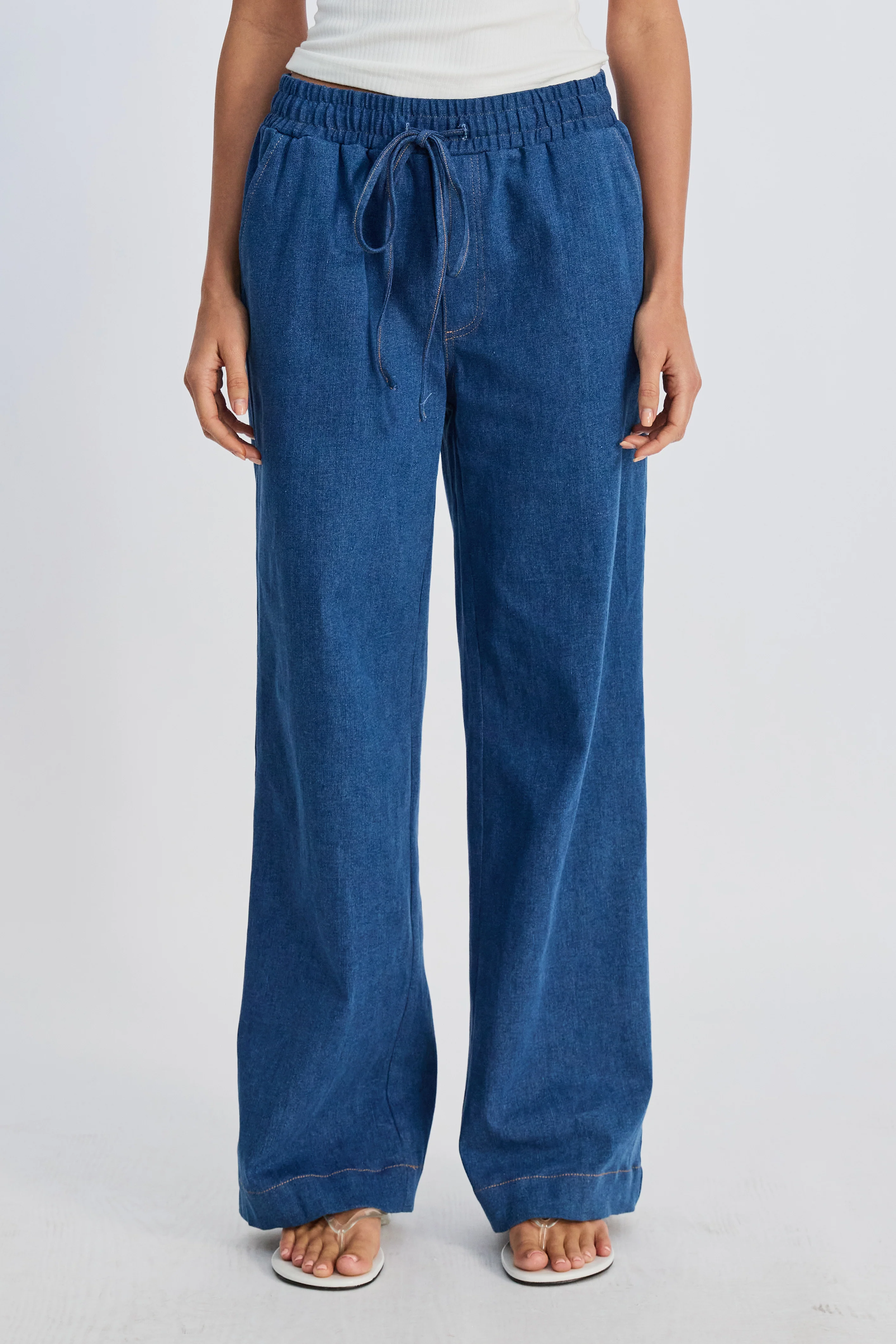Claudia Elastic-Waist Denim Look Pant - Medium Blue - Image 8
