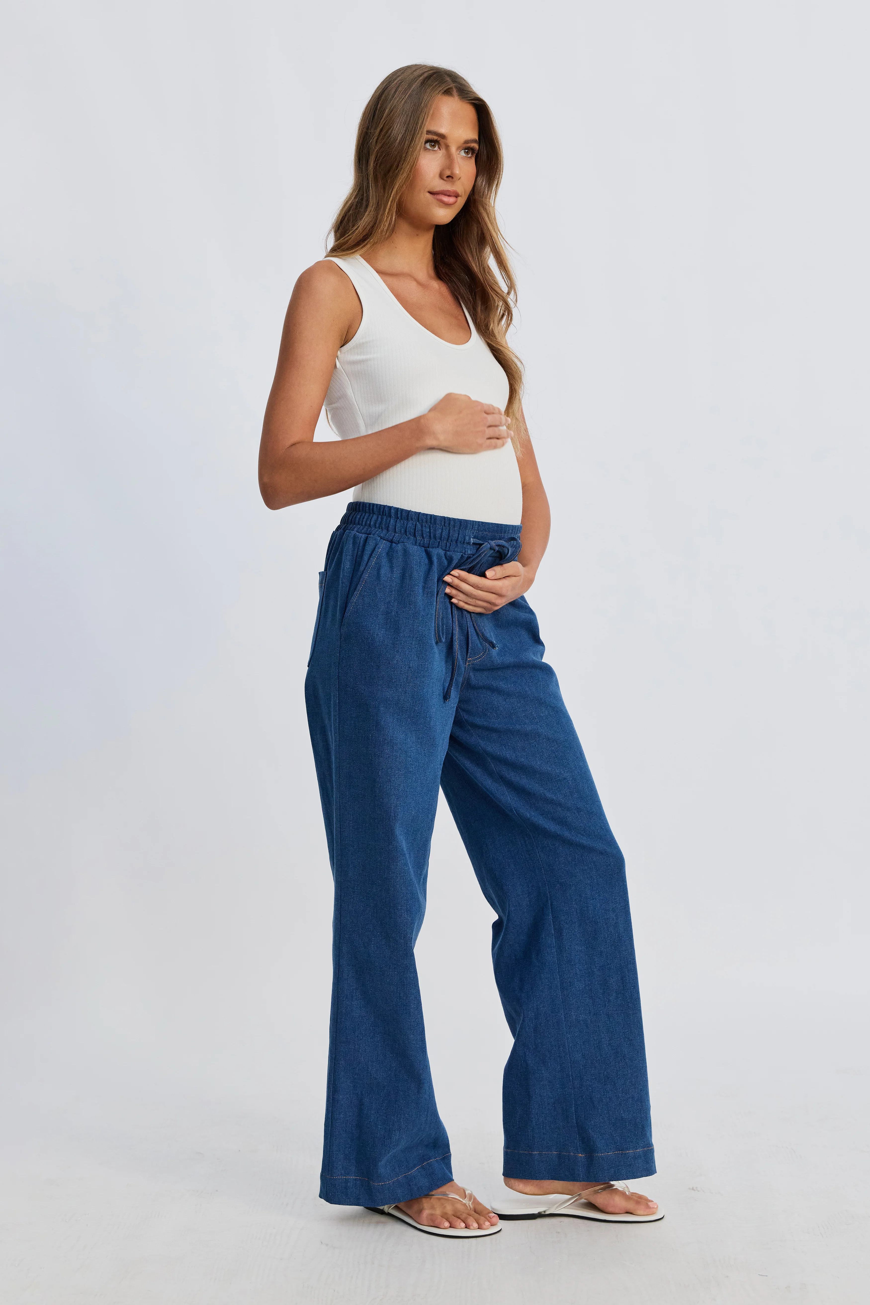 Claudia Elastic-Waist Denim Look Pant - Medium Blue - Image 9