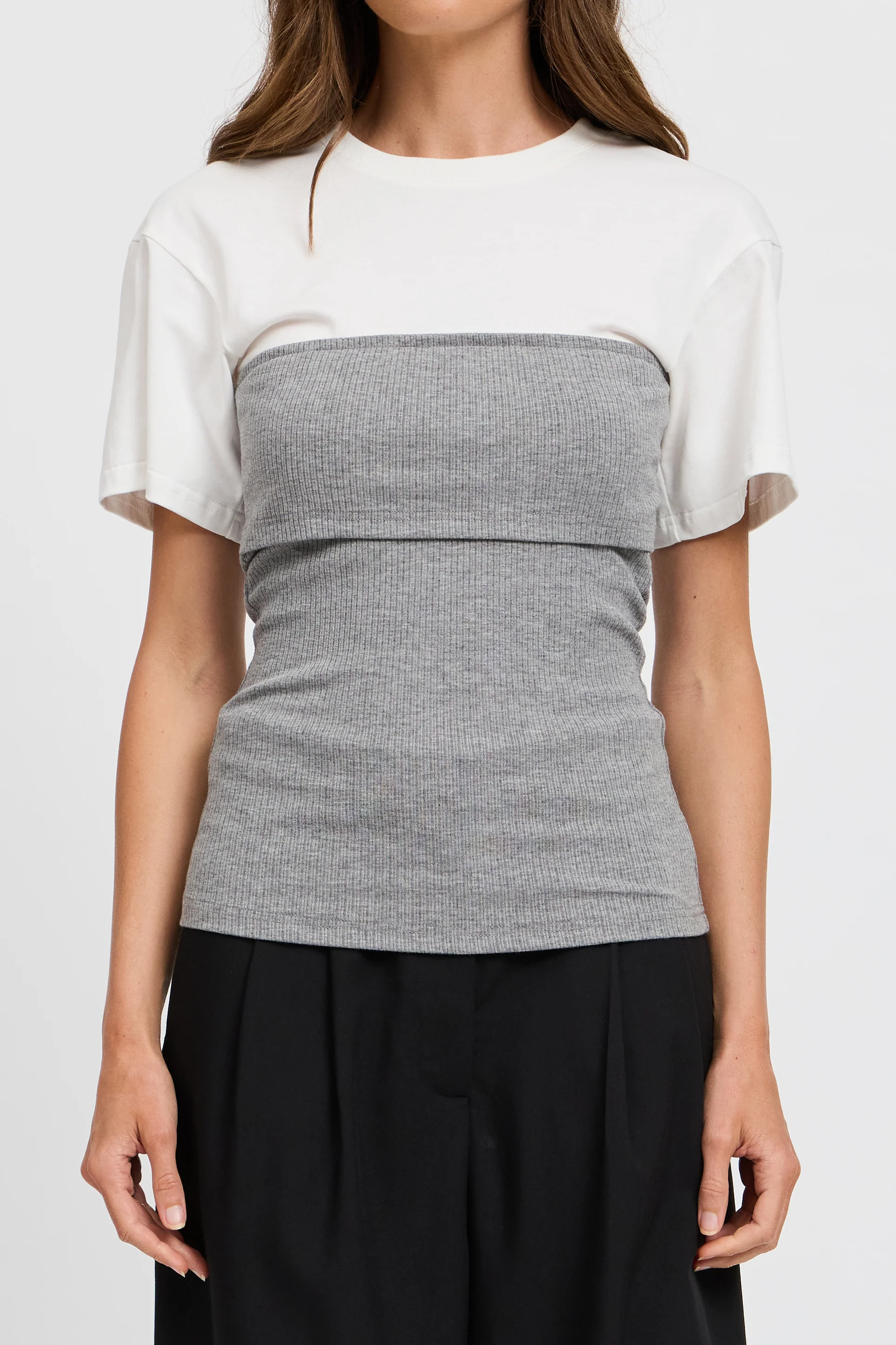 Cleo Ribbed Bodice Tee - White / Grey Marle - Image 3