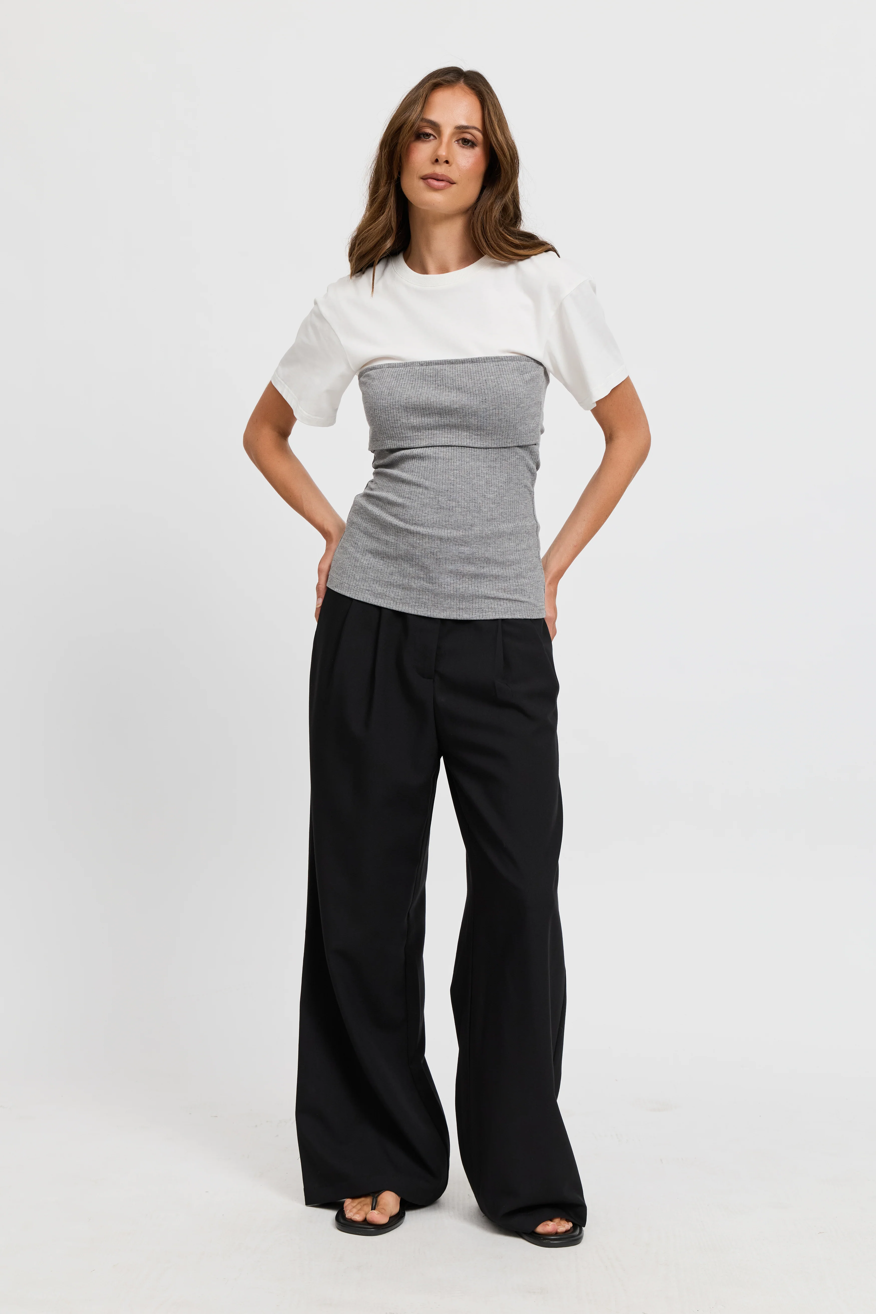 Cleo Ribbed Bodice Tee - White / Grey Marle - Image 4